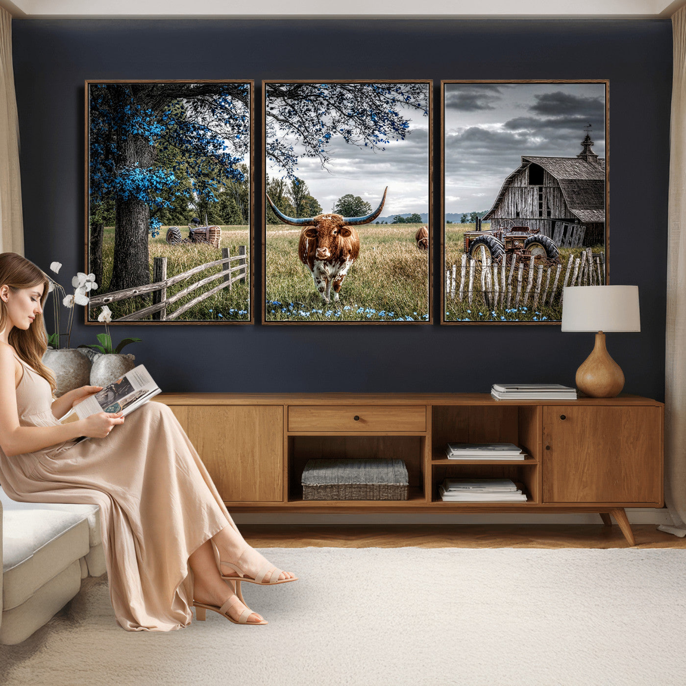 40526446-MGV-CV-60X30-3P - Texas Longhorn Canvas Wall Art, Rustic Farm Barn Bluebonnet Photography Print, Farmhouse Country Decor, Western Ranch Art, Old Truck Tractor Print