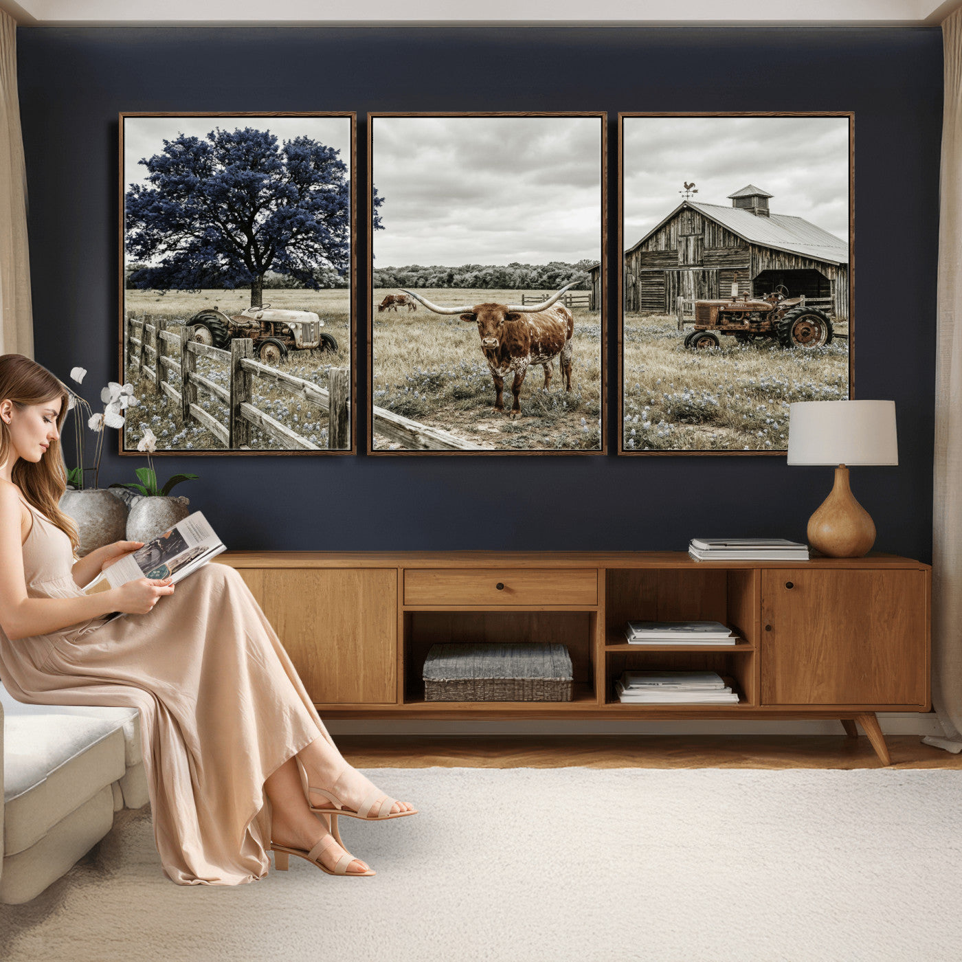 34049737-MGV-CV-60X30-3P - Texas Longhorn Canvas Wall Art, Rustic Farm Barn Bluebonnet Photography Print, Farmhouse Country Decor, Western Ranch Art, Old Truck Tractor Print