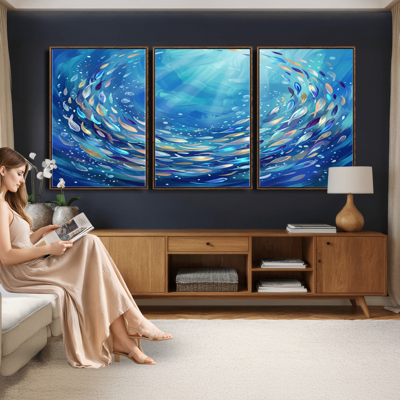 78699899-MGV-CV-36X24 - School of Fish Canvas Print | Blue Ocean Underwater Wall Art | Swirling Fish Shoal Illustration | Marine Navy Coastal Decor