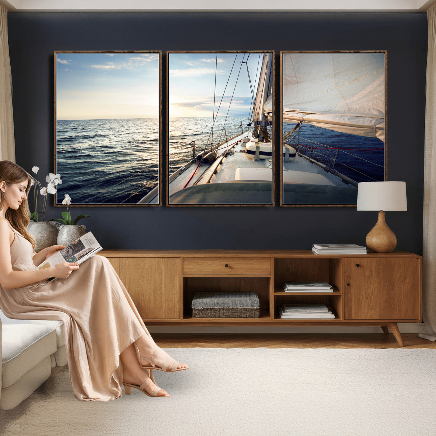 76381335-MGV-CV-36X24 - Sailboat Wall Art Canvas Print, Ocean Sunset Sailing Framed Artwork, Coastal Nautical Seascape Decor for Living Room Office Beach House