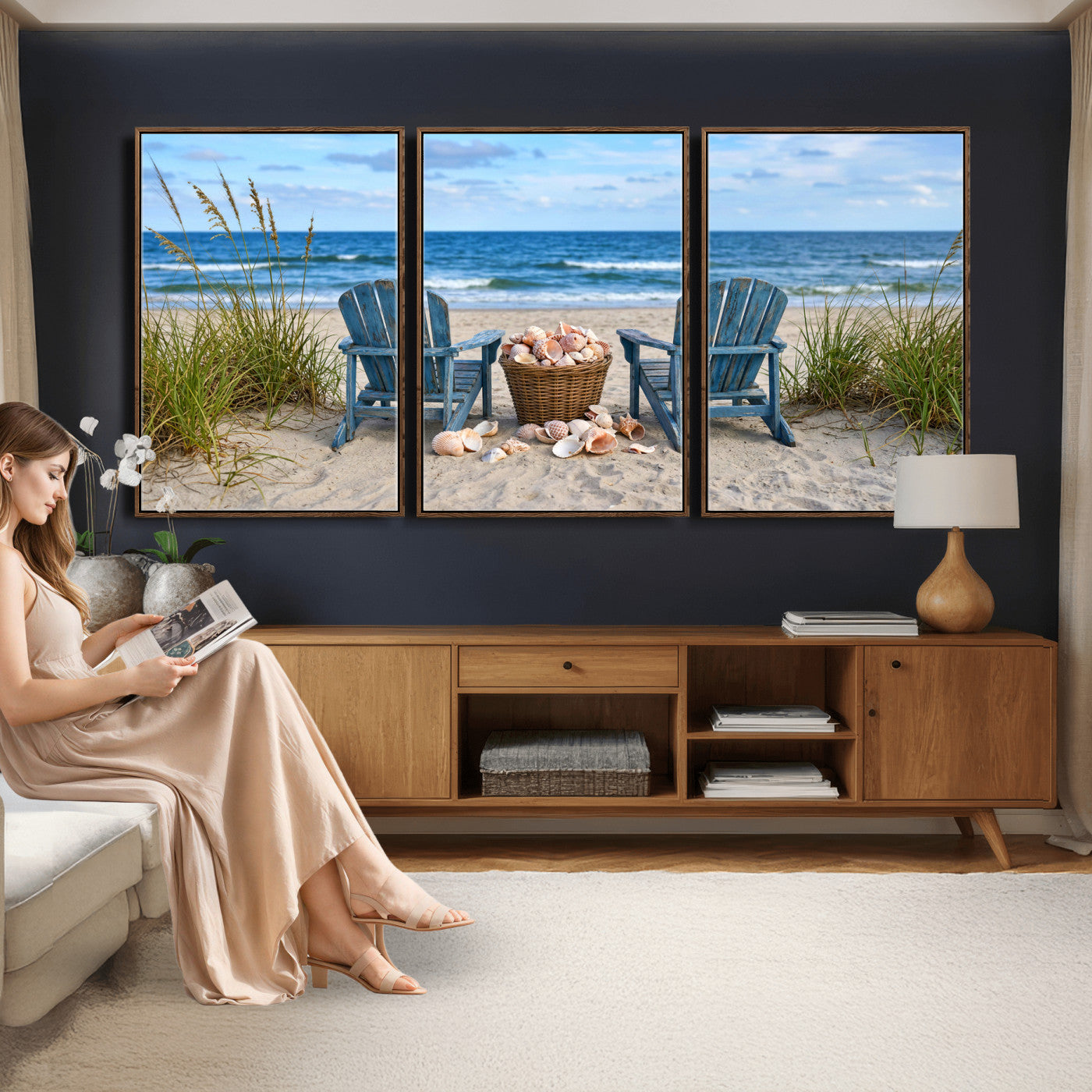 80268829-MGV-CV-36X24 - Large Beach Canvas Wall Art Coastal Adirondack Chairs Ocean Seashells Blue Nautical Framed Large for Living Room Bedroom Bathroom Decor