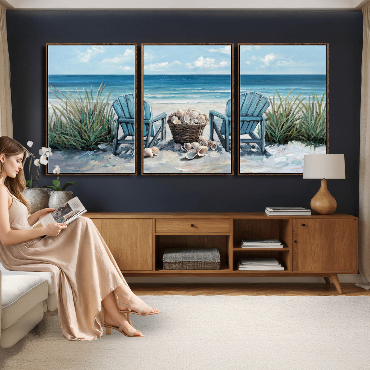 11973028-MGV-CV-36X24 - Beach Canvas Wall Art Coastal Adirondack Chairs Ocean Seashells Blue Nautical Framed Large for Living Room Bedroom Bathroom Decor