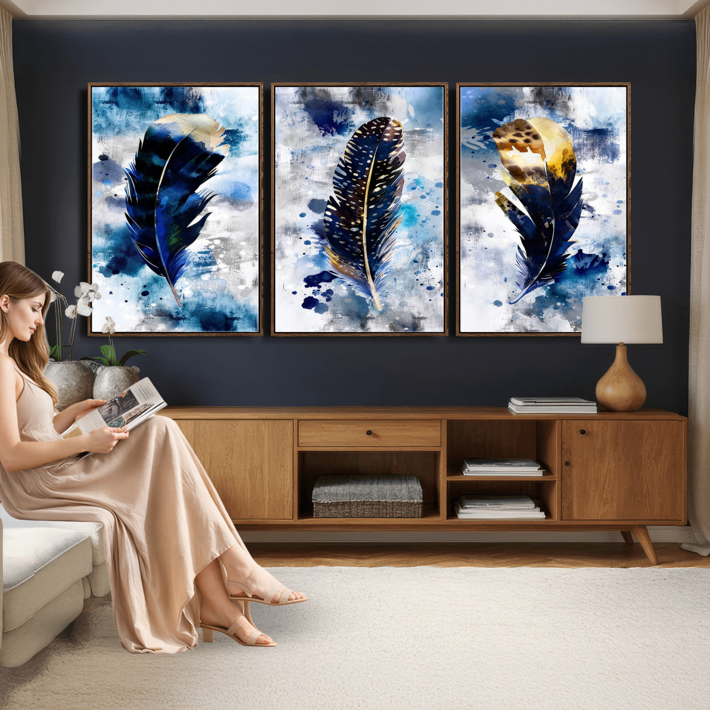 74325132F-MGV-CV-60X30-3P - Feather Canvas Wall Art Navy Blue Gold Watercolor Abstract Boho Eclectic Framed Large for Living Room Bedroom Office Entryway Decor