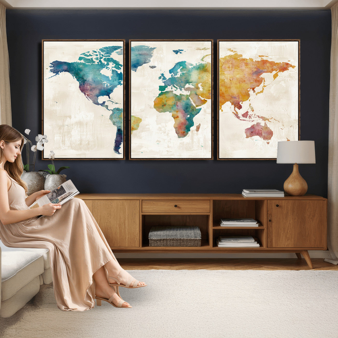 56556018-MGV-CV-36X24 - Watercolor World Map Canvas Wall Art Print – Abstract Colorful Travel Wall Decor