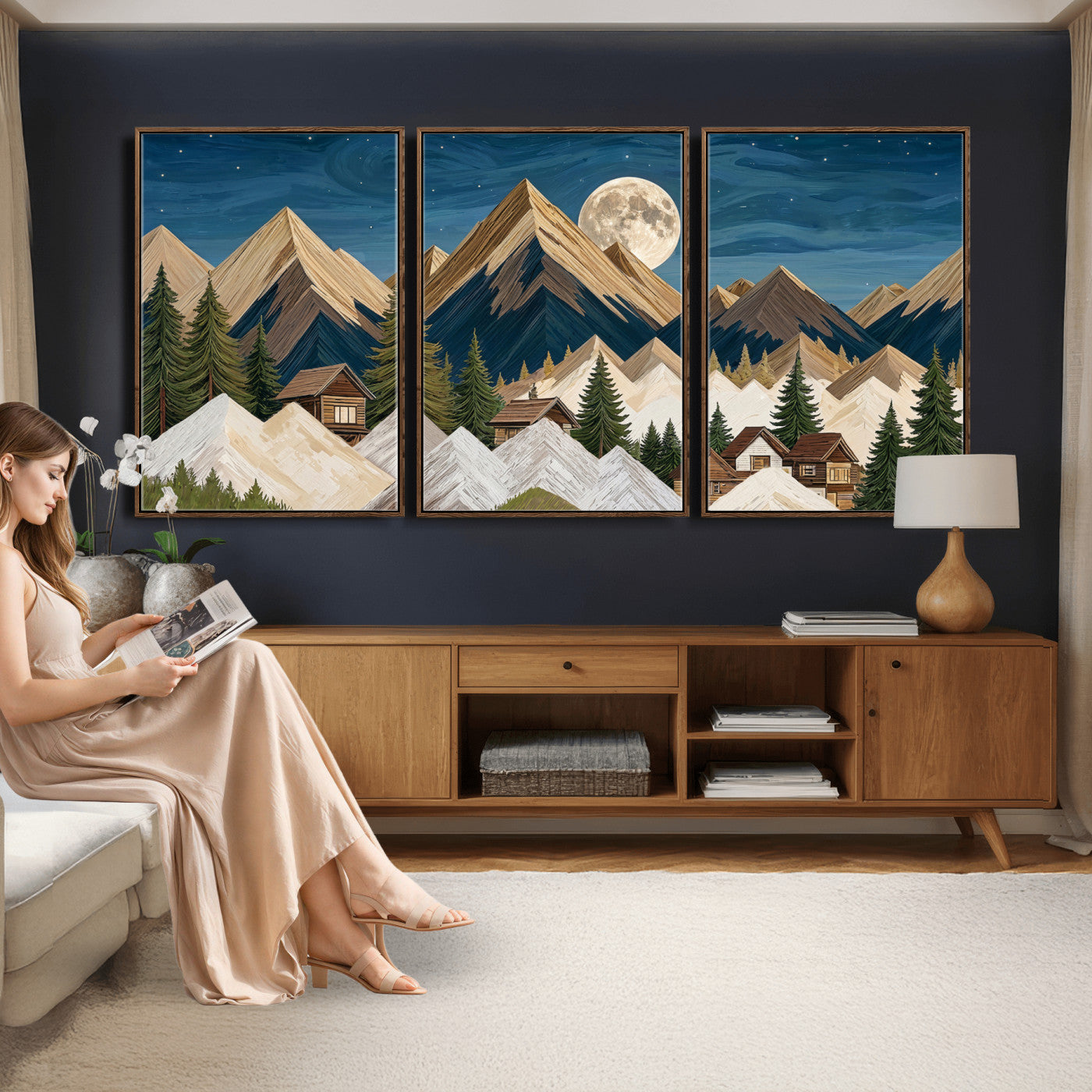 17622011MO-MGV-CV-60X30-3P - Moonlit Mountain Cabin Wall Art Canvas Print, Rustic Mountain Landscape Canvas Print, Woodland Cabin Wall Decor, Framed Nature Artwork Ready to Hang
