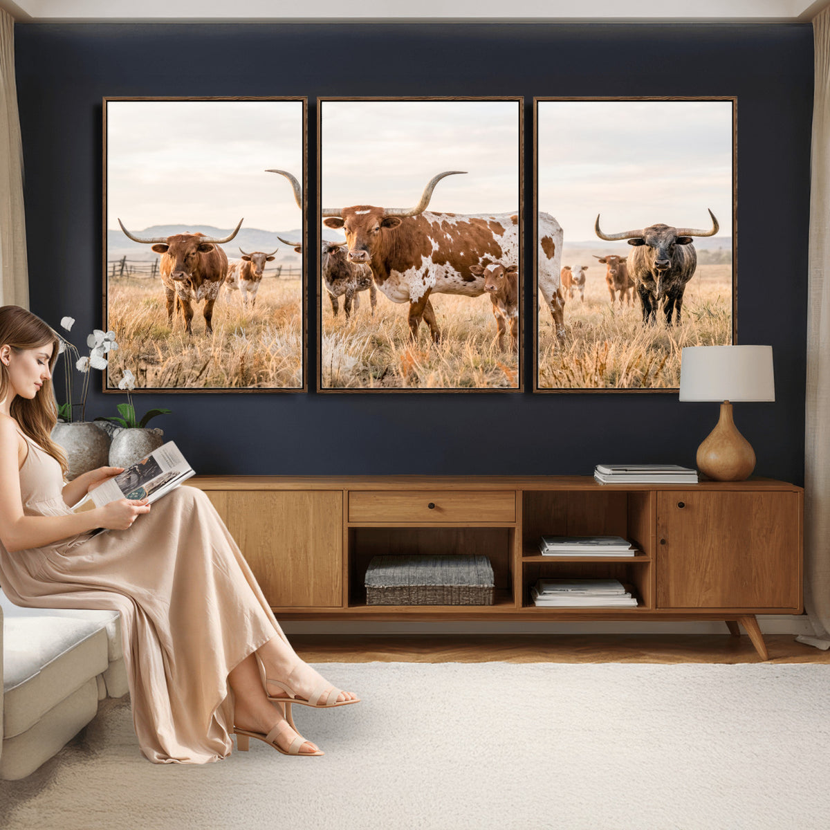 62336425AC-MGV-CV-36X24 - Texas Longhorn Canvas Wall Art, Rustic Farm Animal Photography Print, Farmhouse Country Decor, Western Ranch Art