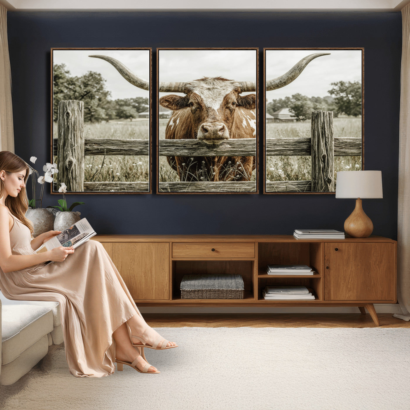 59378683M-MGV-CV-60X30-3P - Large Farmhouse Texas Longhorn Bull Canvas Wall Art, Western Ranch Cattle Photography Print, Rustic Barn Cowboy Decor Artwork