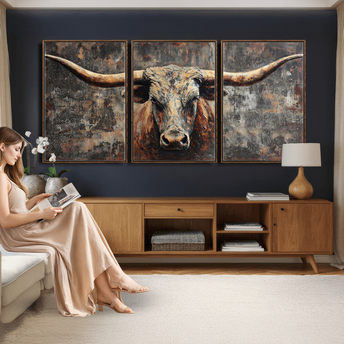 34202127RS-MGV-CV-60X30-3P - Texas Longhorn Skull Canvas Wall Art Rustic Western Decor Print