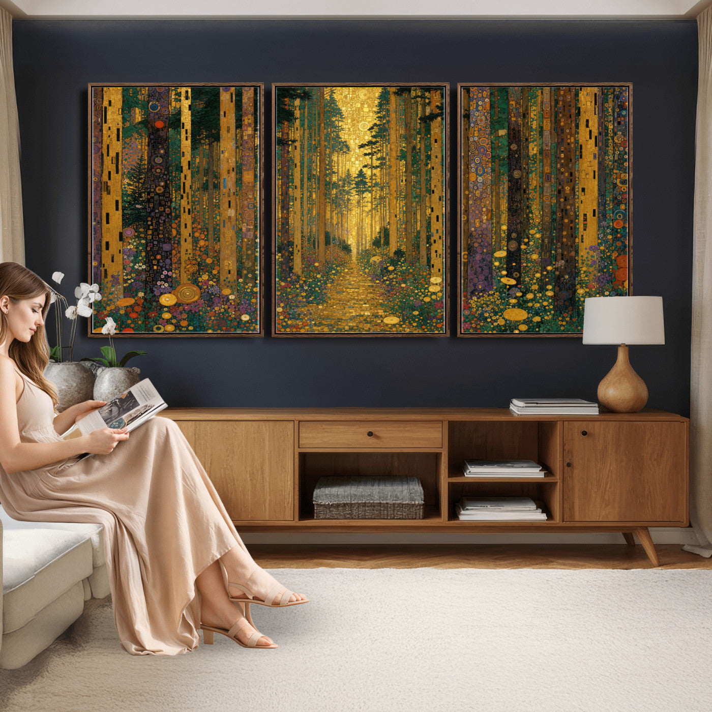 79483321G-MGV-CV-48X32-3P - Gustav Klimt Style Forest Canvas Wall Art, Golden Forest Path Floral Art Nouveau Print, Enchanted Woodland Decor
