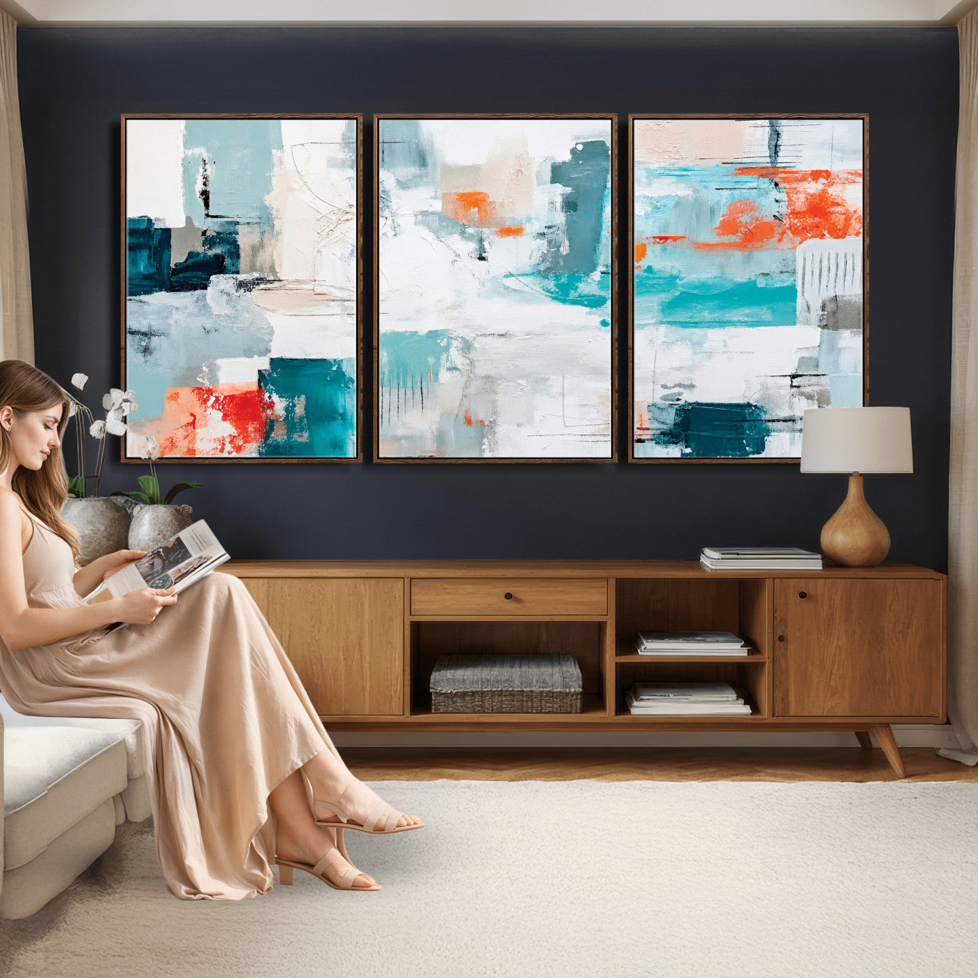 98638479-MGV-CV-36X24 - Blue Teal Abstract Canvas Wall Art | Modern Textured Painting Print, Navy Orange White Contemporary Art, Neutral Living Room Decor, Office Art