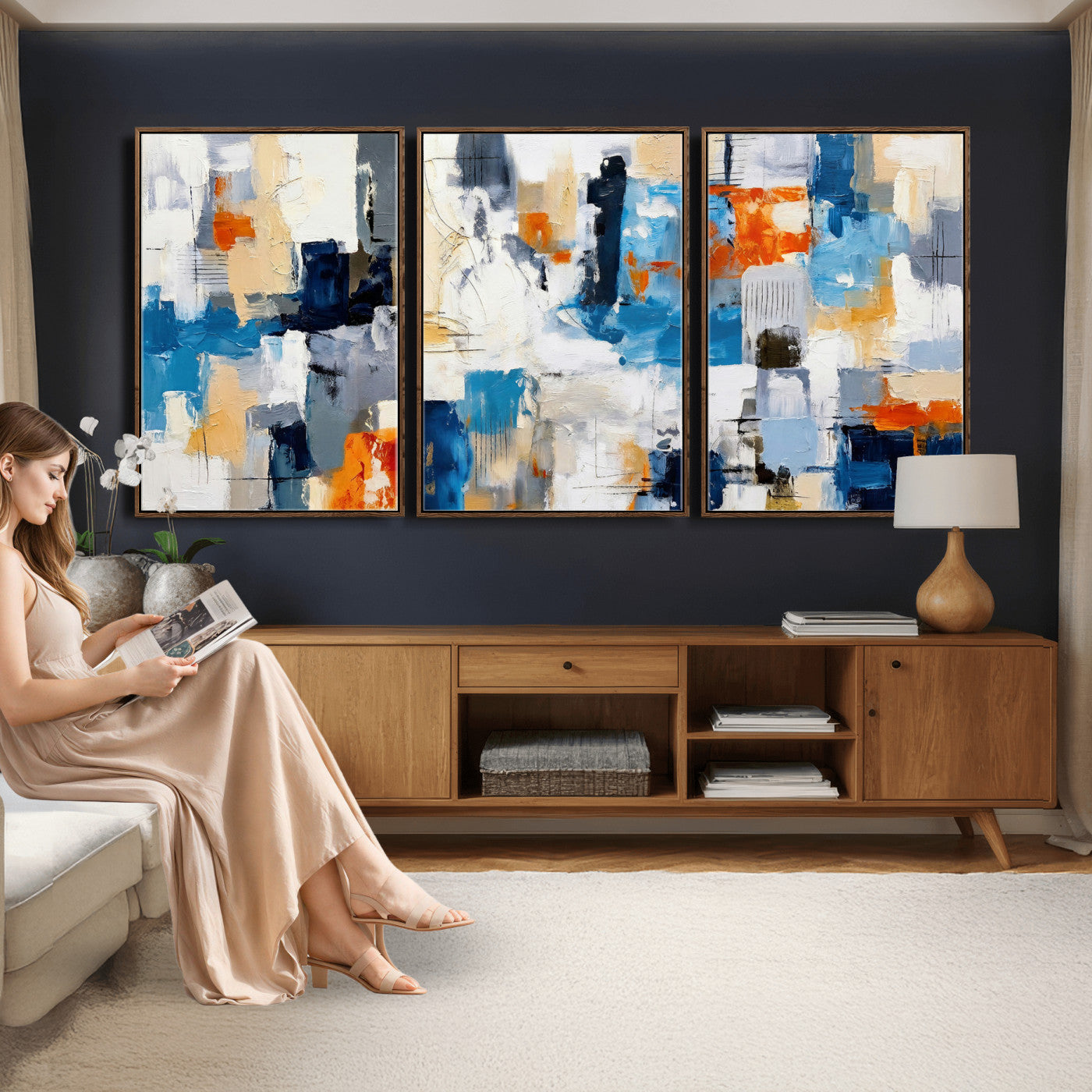 83915061-MGV-CV-36X24 - Blue Teal Abstract Canvas Wall Art, Modern Textured Painting Print, Navy Orange White Contemporary Art, Neutral Living Room Decor, Office Art
