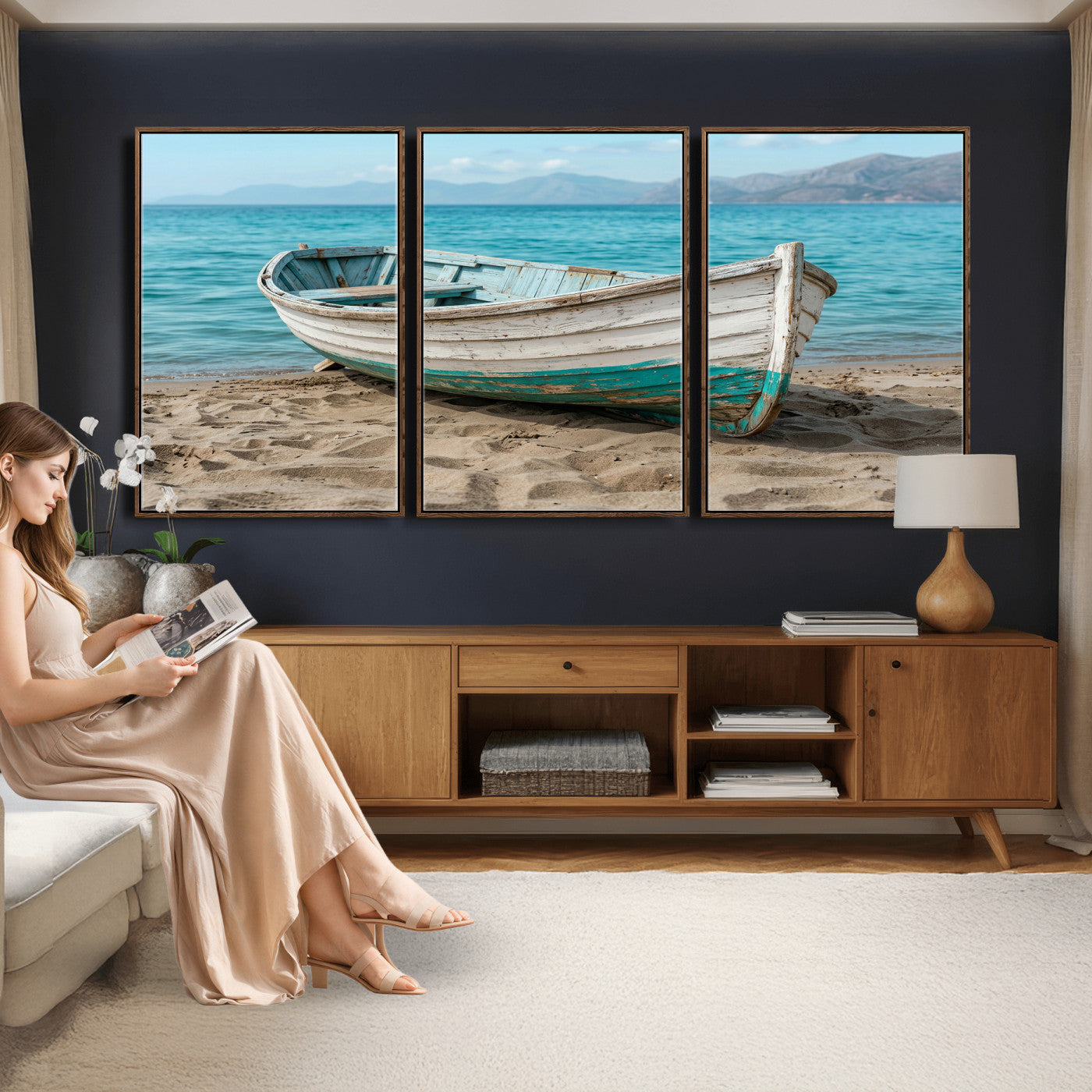 49963709-MGV-CV-36X24 - Coastal Boat Canvas Wall Art Print, Beach Boat Painting, Nautical Ocean Decor, Seascape Wall Art, Ready to Hang