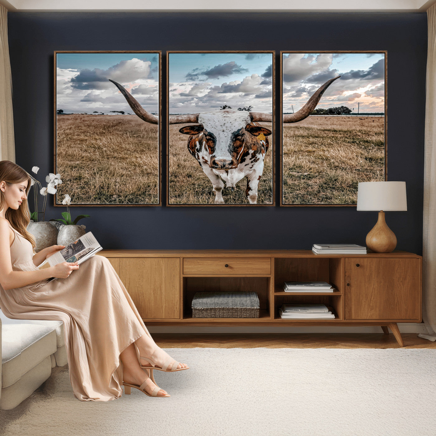 17464823-MGV-CV-36X24 - Texas Longhorn Canvas Wall Art Print, Western Cow Photography, Rustic Ranch Decor, Farmhouse Wall Art, Ready to Hang