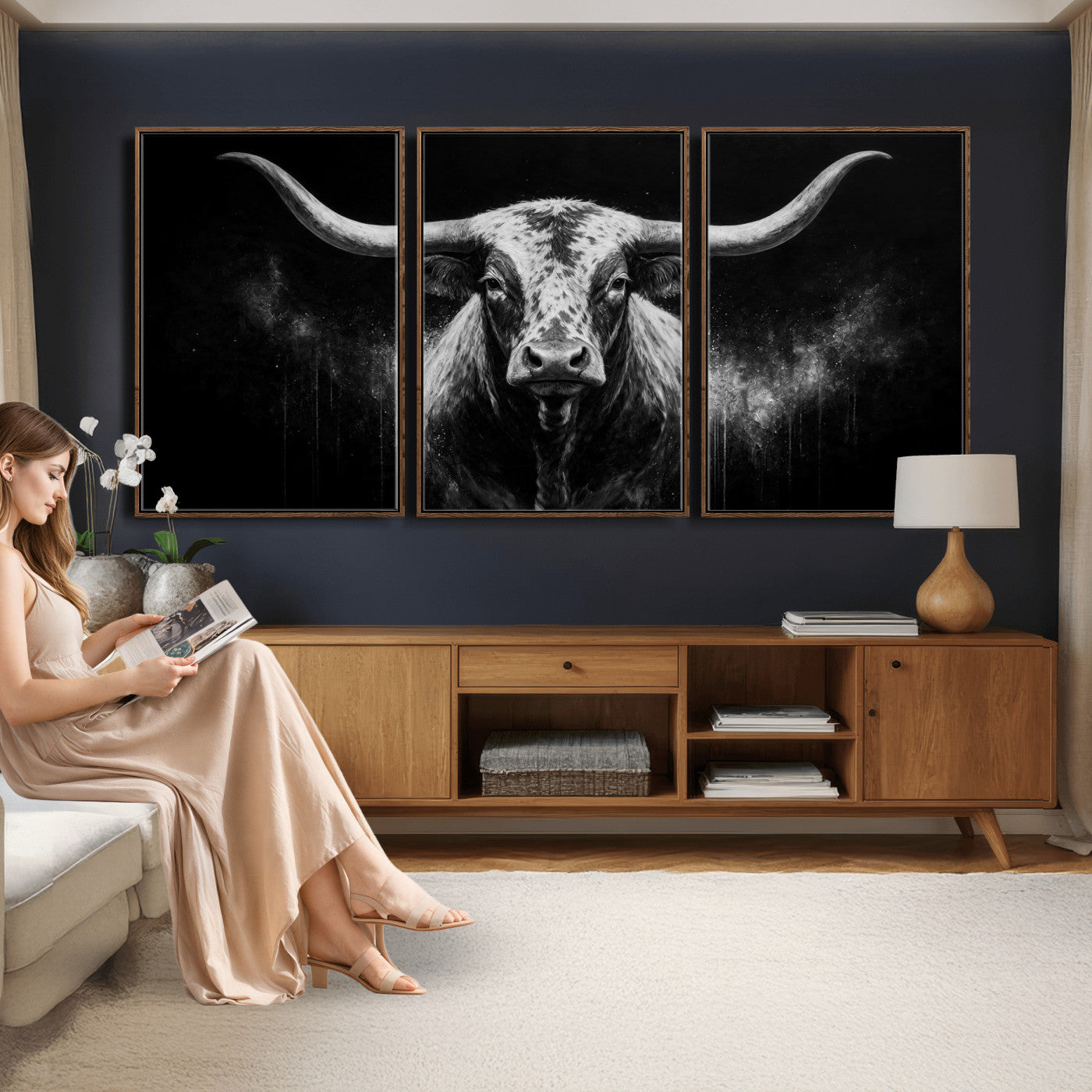 29671077-MGV-CV-60X30-3P - Texas Bull Cow Longhorn Canvas Wall Art Moody Western Bull Oil Painting Print