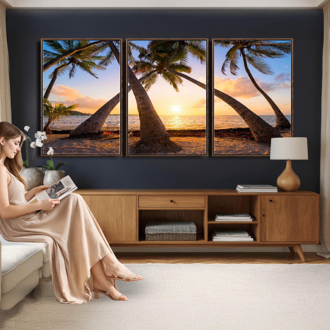 75123213-MGV-CV-36X24 - Tropical Island Coconut Palm Trees Sunset Wall Art Canvas Print - Turquoise Beach Print for Nautical Home Decor