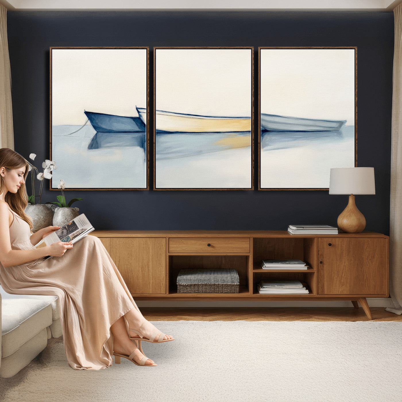84017361-MGV-CV-36X24 - Abstract Three Boats Reflecting on Water Wall Art Canvas Print - Minimalist Coastal Seascape
