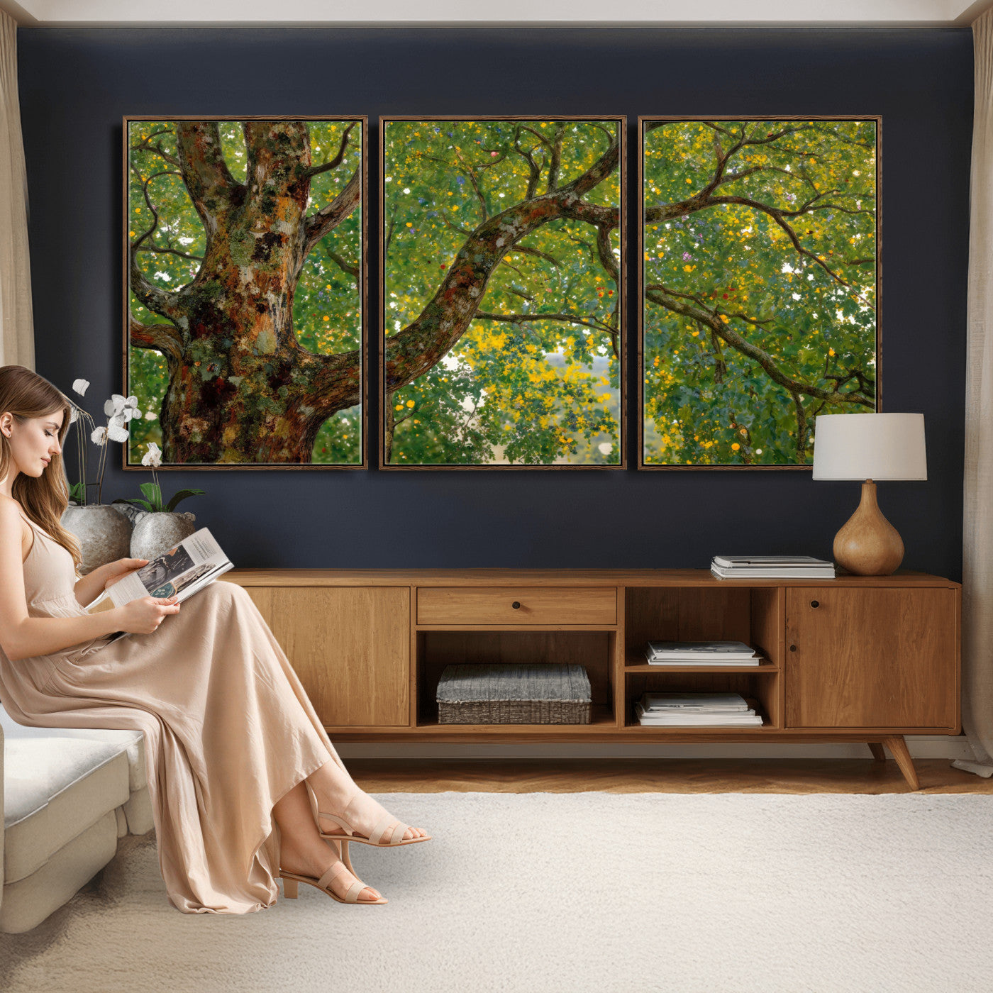 23663535-MGV-CV-36X24 - Vintage Summer Forest Green Tree Wall Art Canvas Print, Lush Leaves Impressionist Painting Print