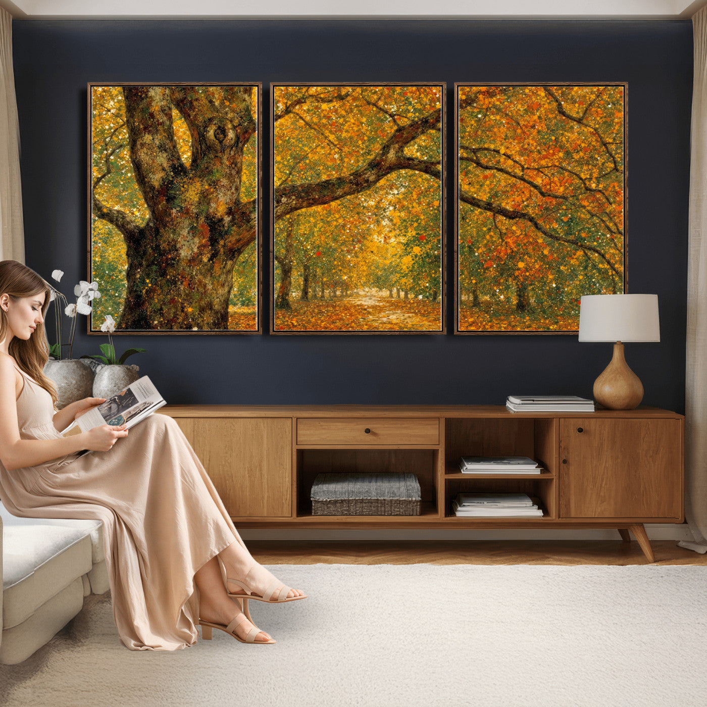 11536138-MGV-CV-36X24 - Vintage Autumn Forest Path Wall Art Canvas Print, Golden Leaves Impressionist Painting Print
