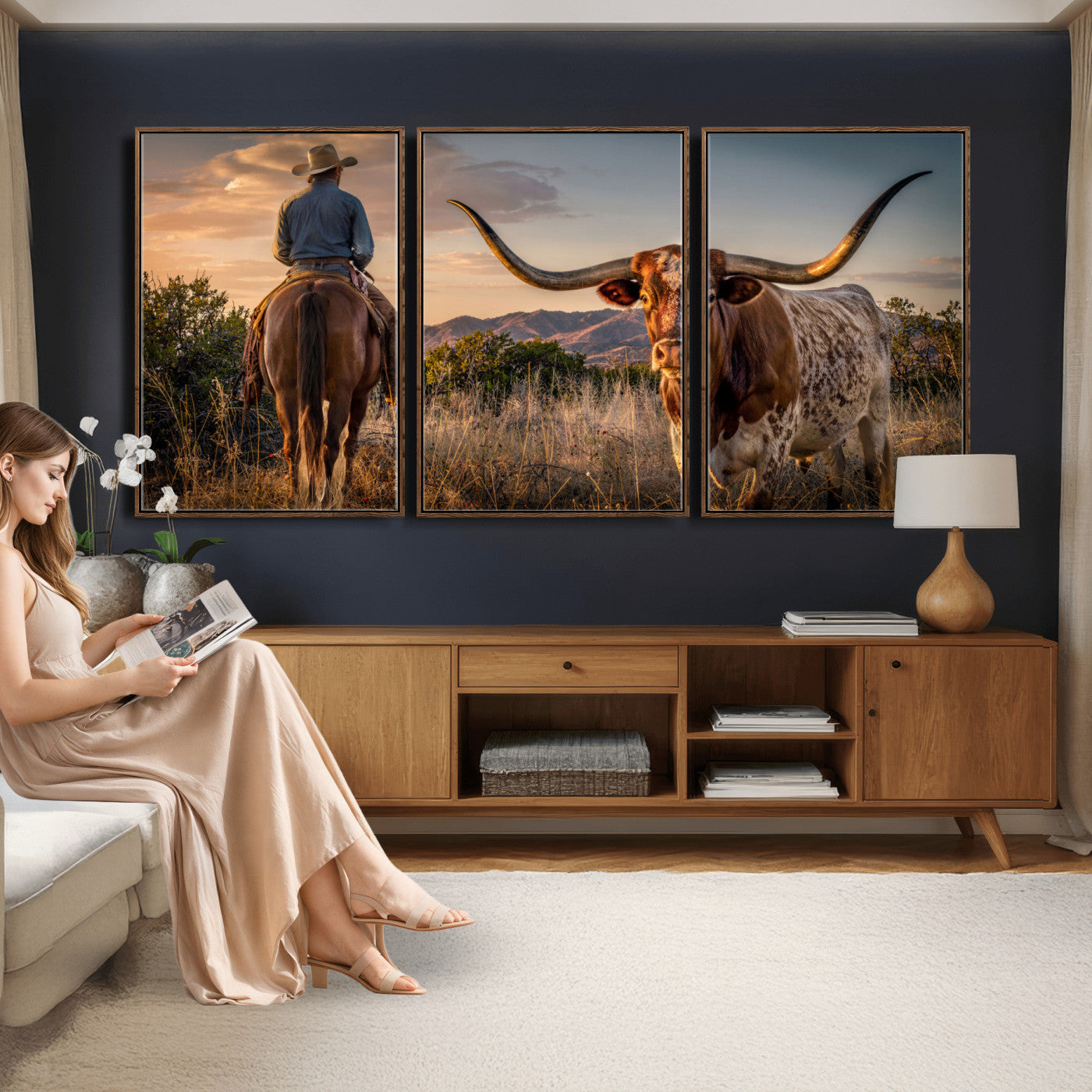62076449-MGV-CV-60X30-3P - Texas Cow Bull Longhorn Cowboy Western Wall Art Decor for Farmhouse