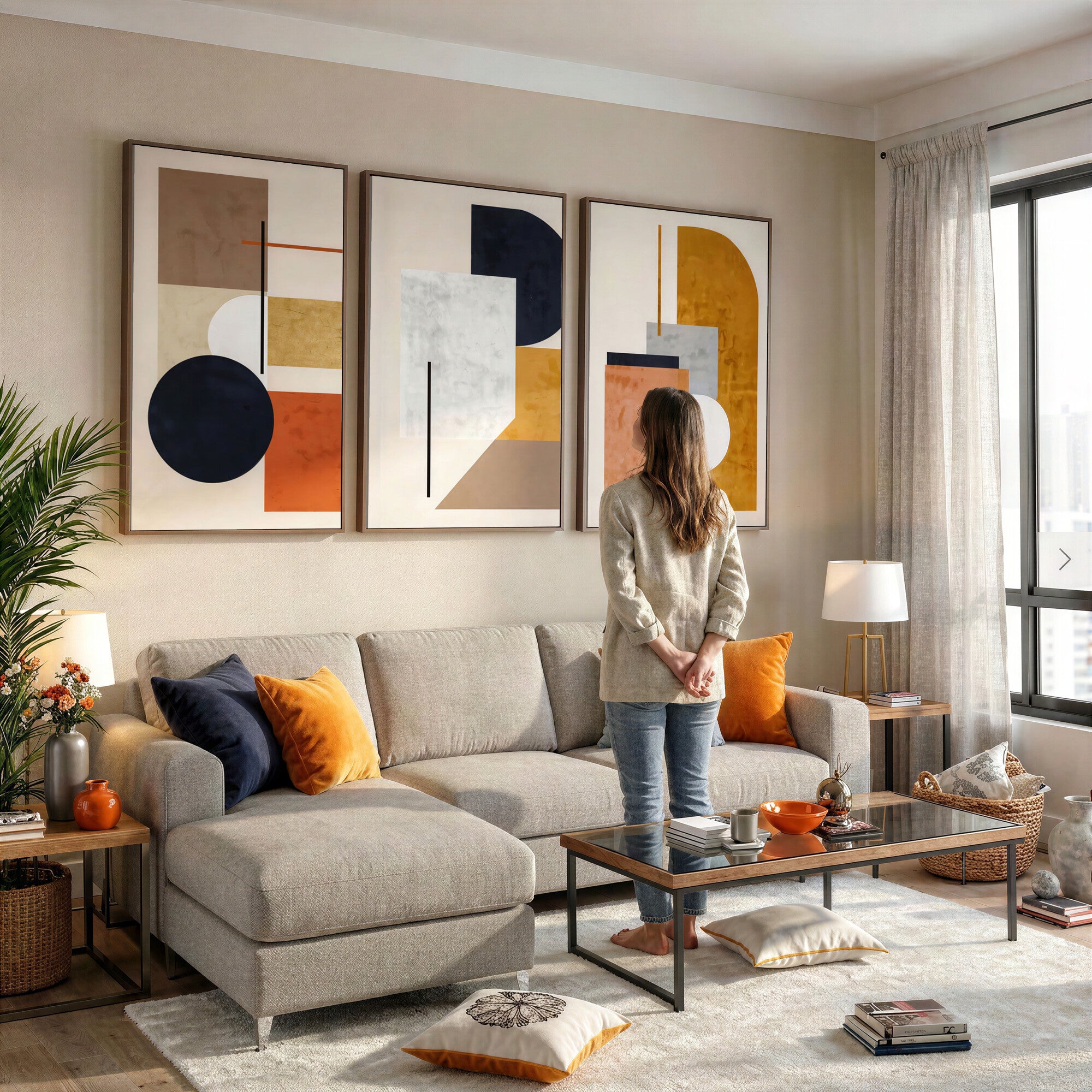 87361249-MGV-CV-48X32-3P - Mid Century Modern Geometric Canvas Wall Art, Abstract Triptych Print