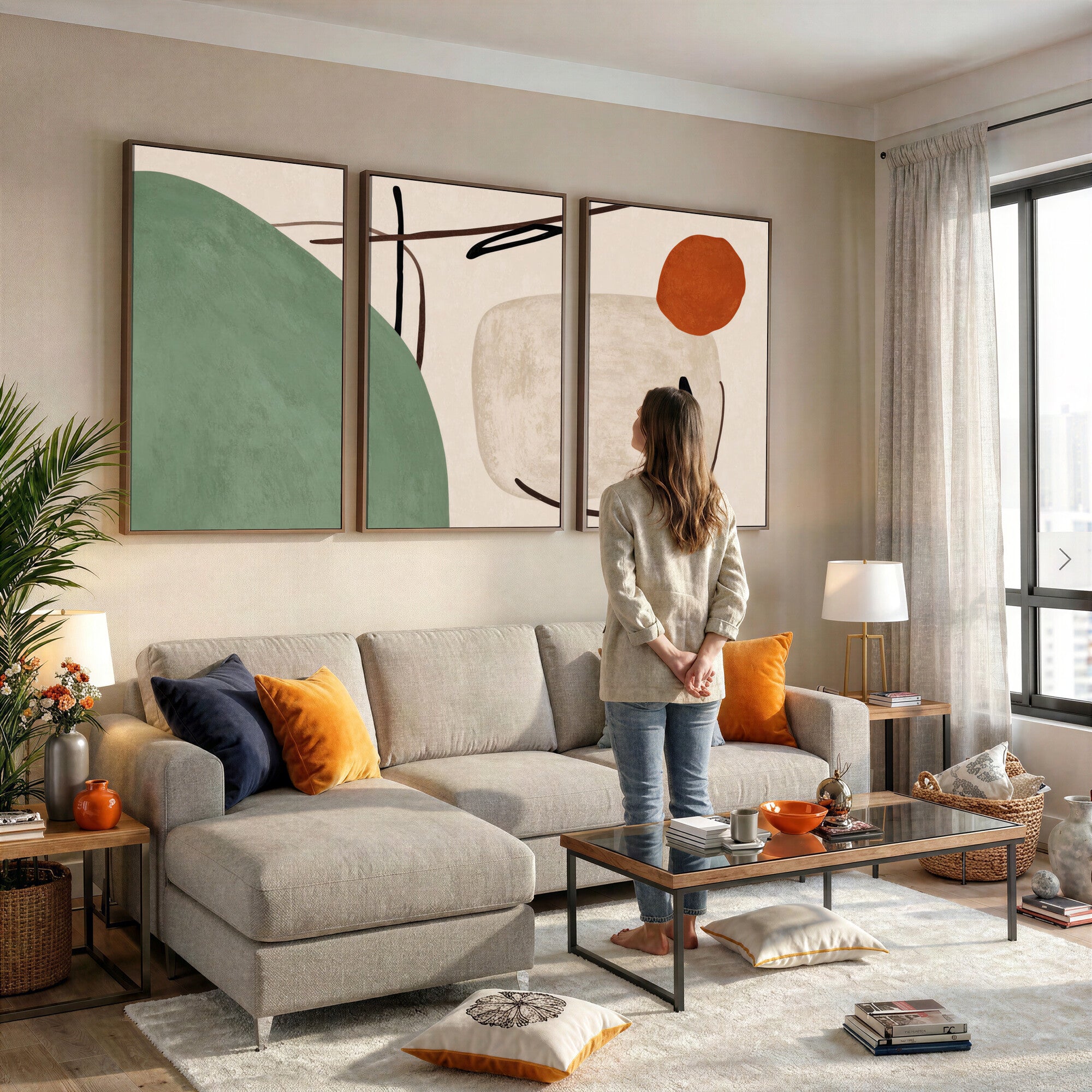 46798824-MGV-CV-48X32-3P - Mid Century Modern Geometric Canvas Wall Art, Abstract Triptych Print
