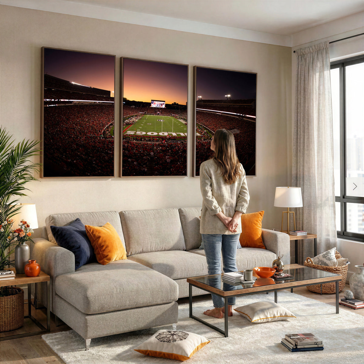 97720998-_Poster-30x20 - Georgia Bulldogs Stadium Sunset Canvas Print 3 Piece Framed Wall Art Extra Large Floating Frame Sports Poster Made in USA