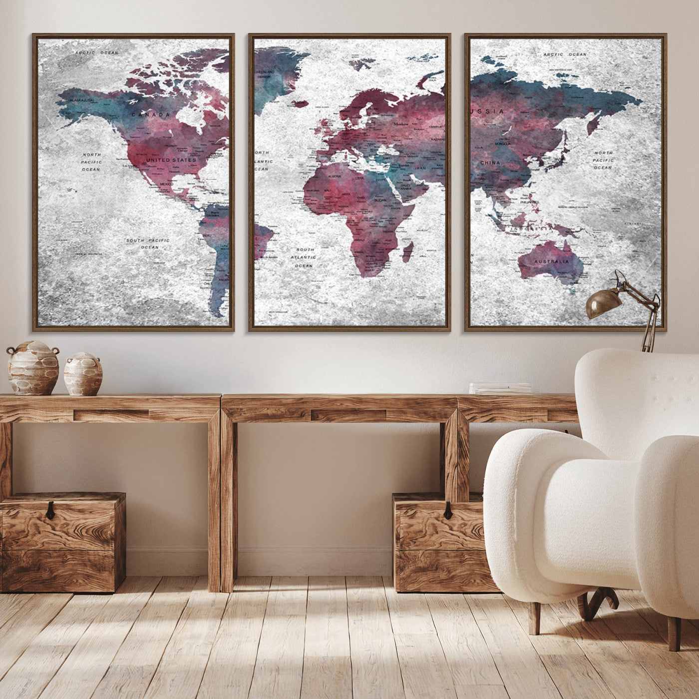 -Modern Red and Gray World Map Canvas Print – Framed Push Pin Wall Art for Couples, Contemporary Travel Map Artwork for Home and Office Decor