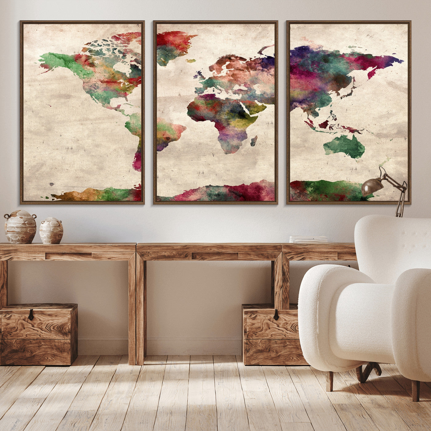69476-MGV-CV-36X24-Watercolor World Map Canvas Print – Framed Push Pin Wall Art for Couples, Colorful Travel Map Artwork for Elegant Home and Office Decor