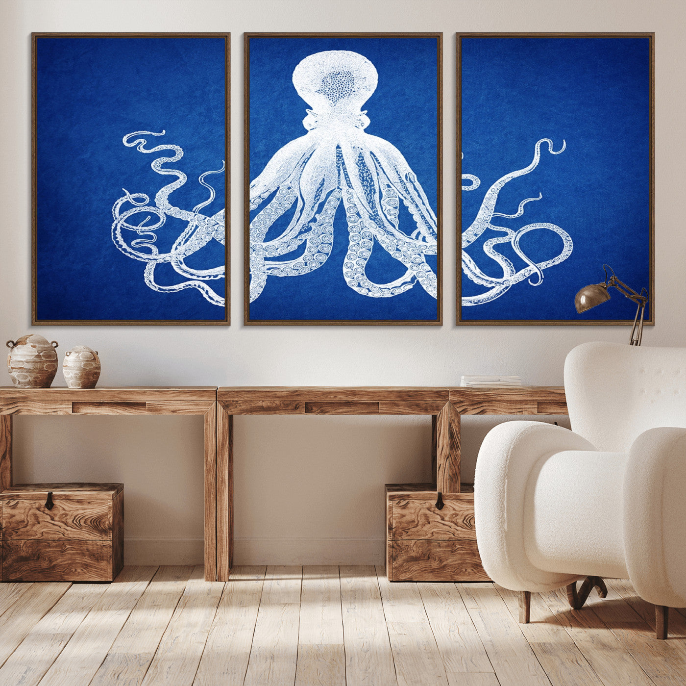 67315-MGV-CV-36X24-Large 3-Panel Blue Octopus Canvas Wall Art | Coastal Marine Life Artwork for Living Room, Bedroom,