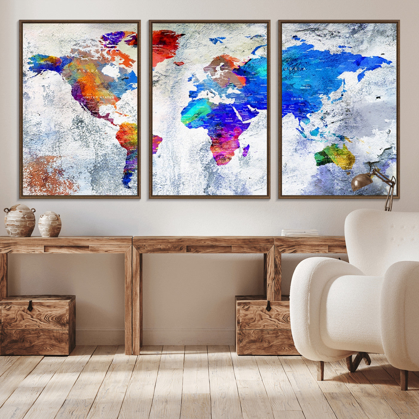 -World Map Canvas Print – Colorful Abstract Push Pin Travel Map, Framed Wall Art for Home or Office Decor