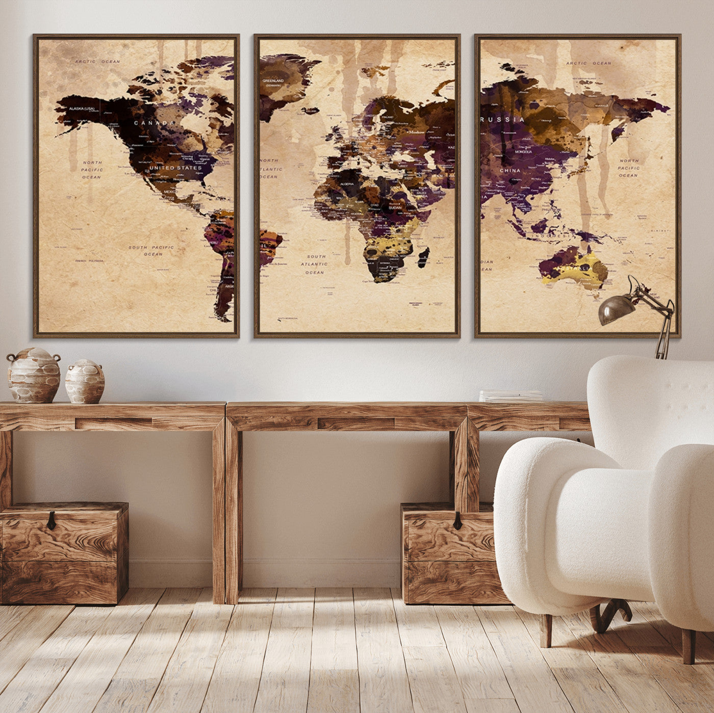 -Vintage World Map Canvas Wall Art – Framed Push Pin Travel Map for Home and Office Decor