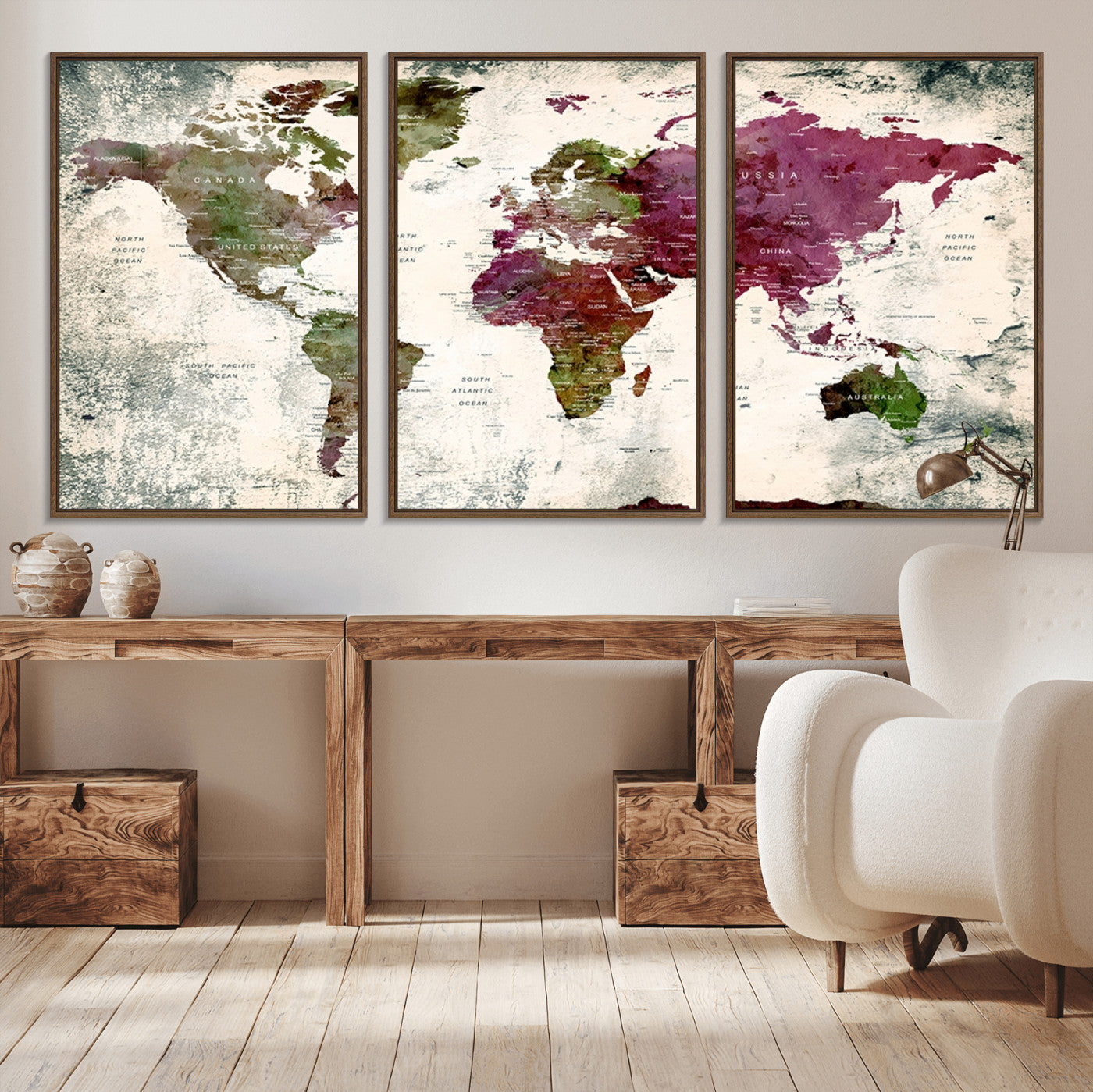 39882-MGV-CV-36X24-Vintage Watercolor Push Pin World Map Canvas – Framed Travel Wall Art for Home and Office Decor