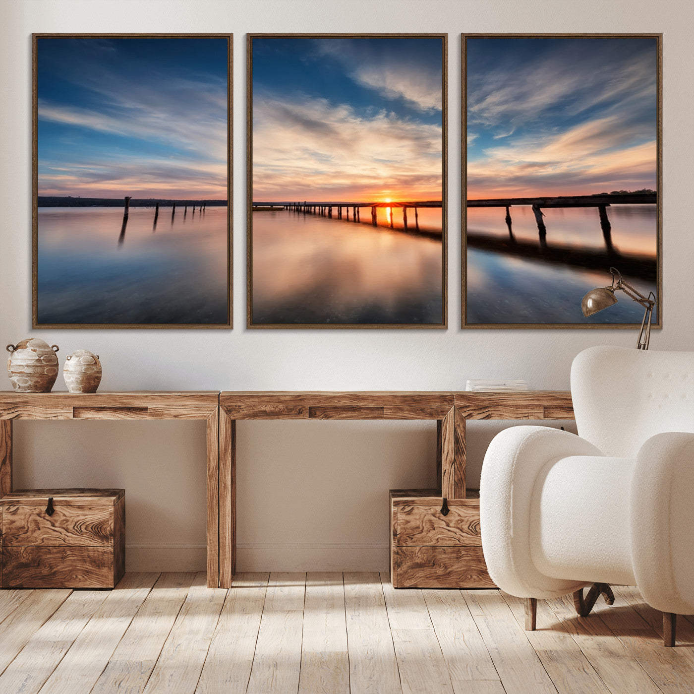 39967-MGV-CV-36X24-Wooden Pier on Seascape and Sunset Wall Art Canvas Print