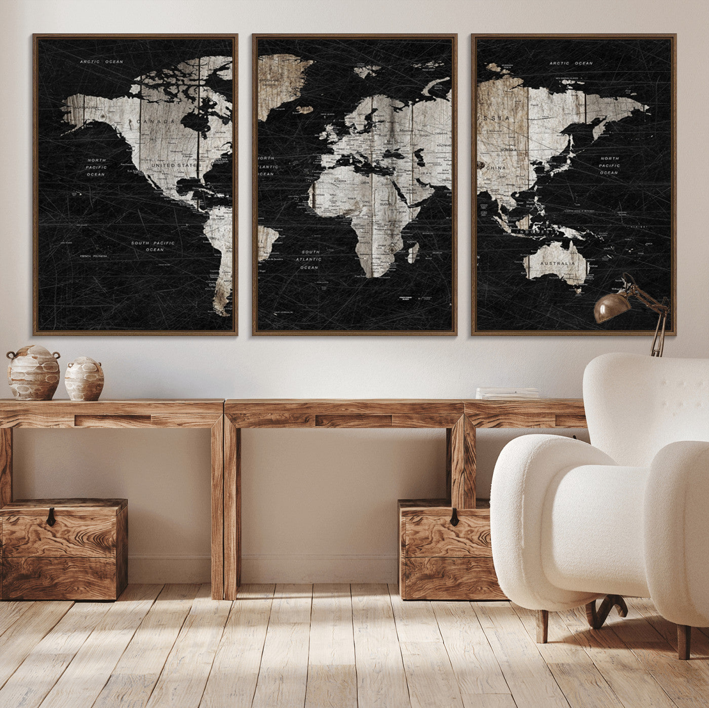89998-MGV-CV-36X24-Rustic Black and Wood World Map Canvas Wall Art – Framed Push Pin Travel Map for Home and Office Decor, Modern Vintage Wall Artwork
