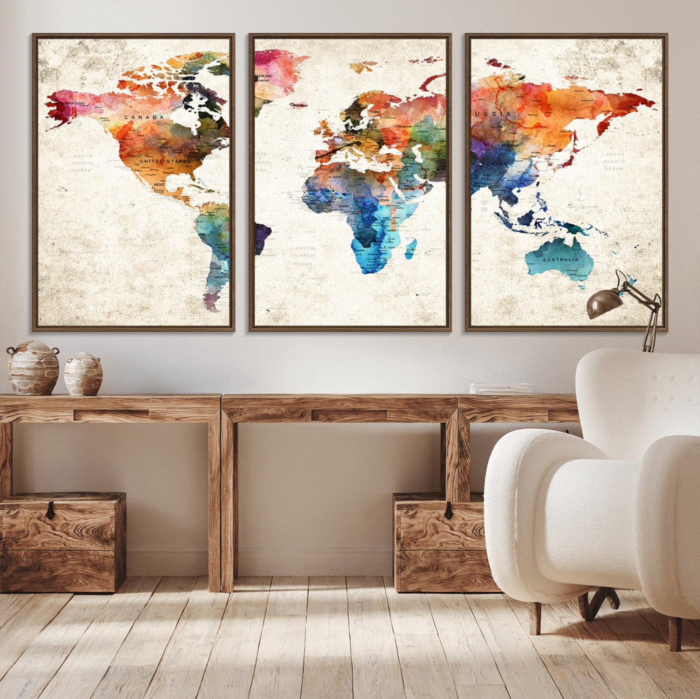 -Personalized World Map Canvas Print – Colorful Watercolor Push Pin Travel Map, Framed Wall Art for Home or Office Decor