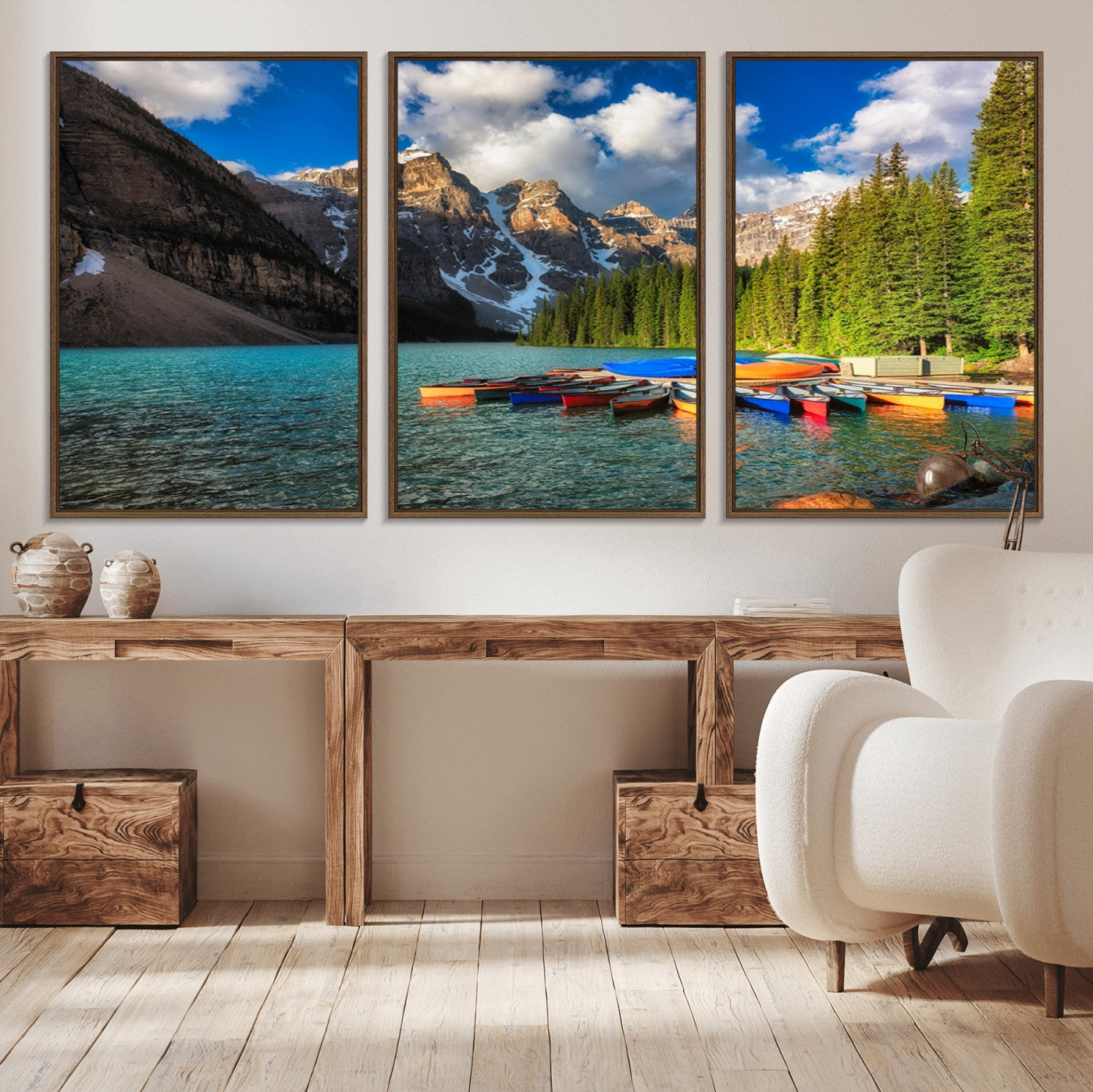 -Moraine Lake 3-Panel Wall Art, Majestic Mountain and Lake Landscape Canvas Print Canoes on Moraine