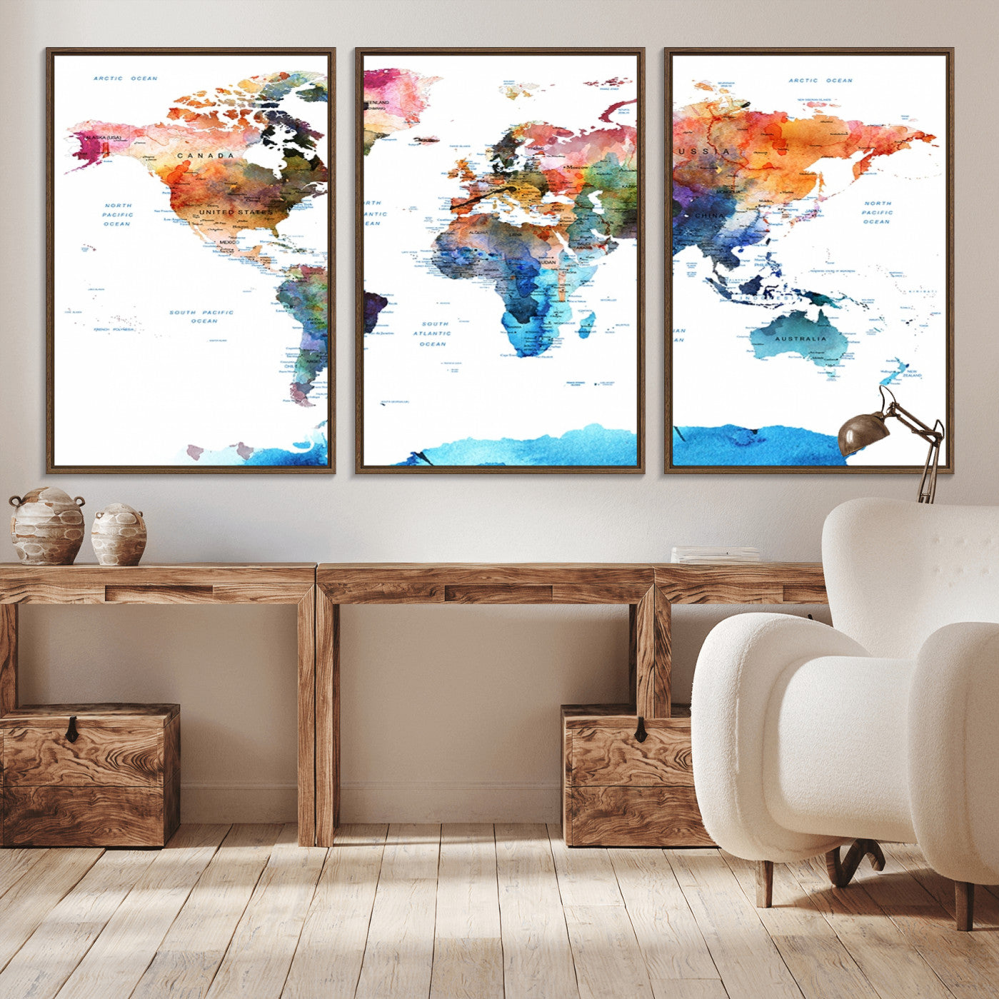 11576-MGV-CV-36X24-Vibrant Watercolor World Map Canvas Wall Art – Framed Push Pin Travel Map for Home and Office Decor, Modern Colorful Wall Artwork
