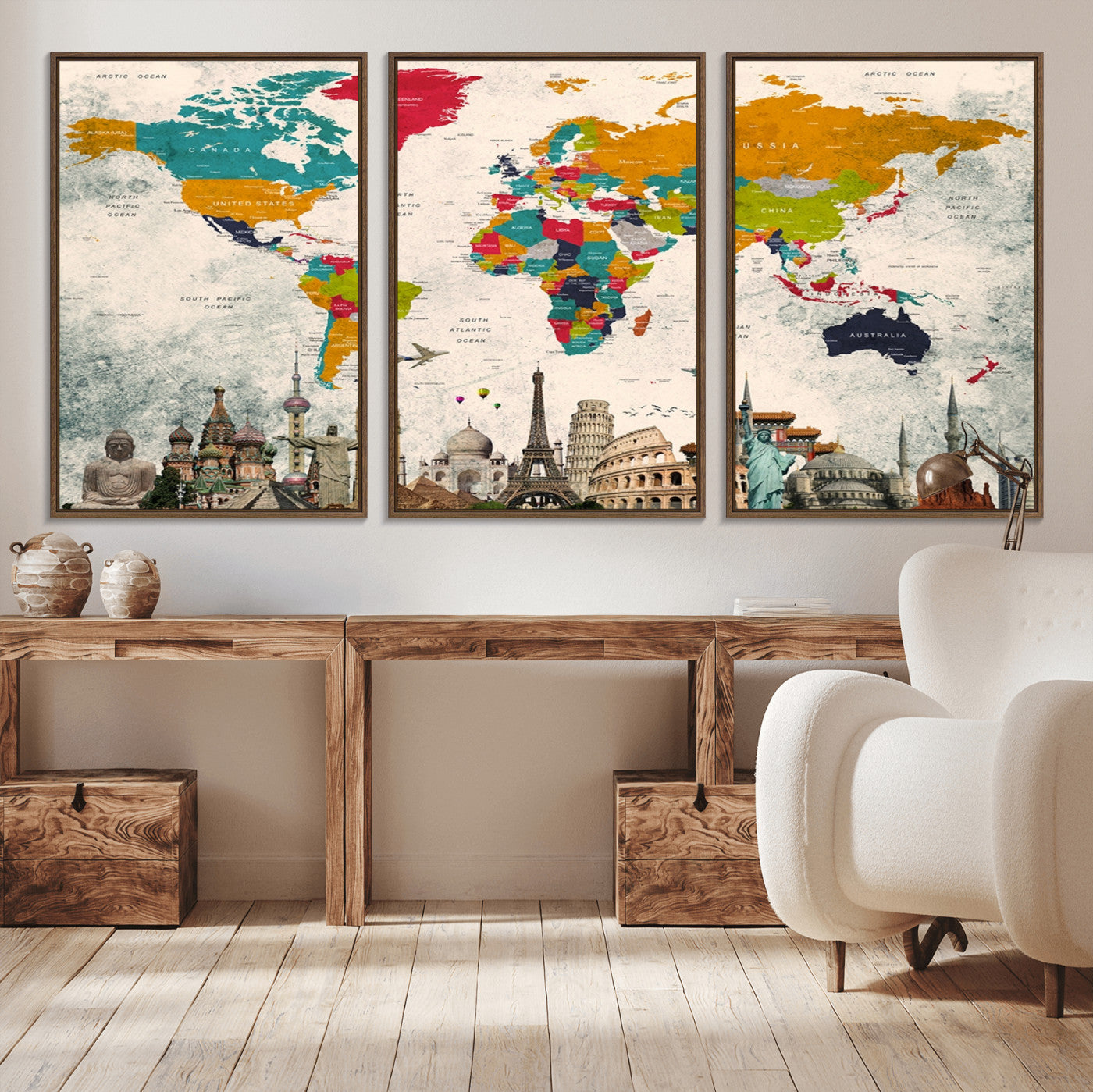 98056-MGV-CV-36X24-Colorful World Map Canvas Wall Art with Landmarks – Framed Travel Map Print for Home and Office Decor, Perfect Gift for Travel Lovers