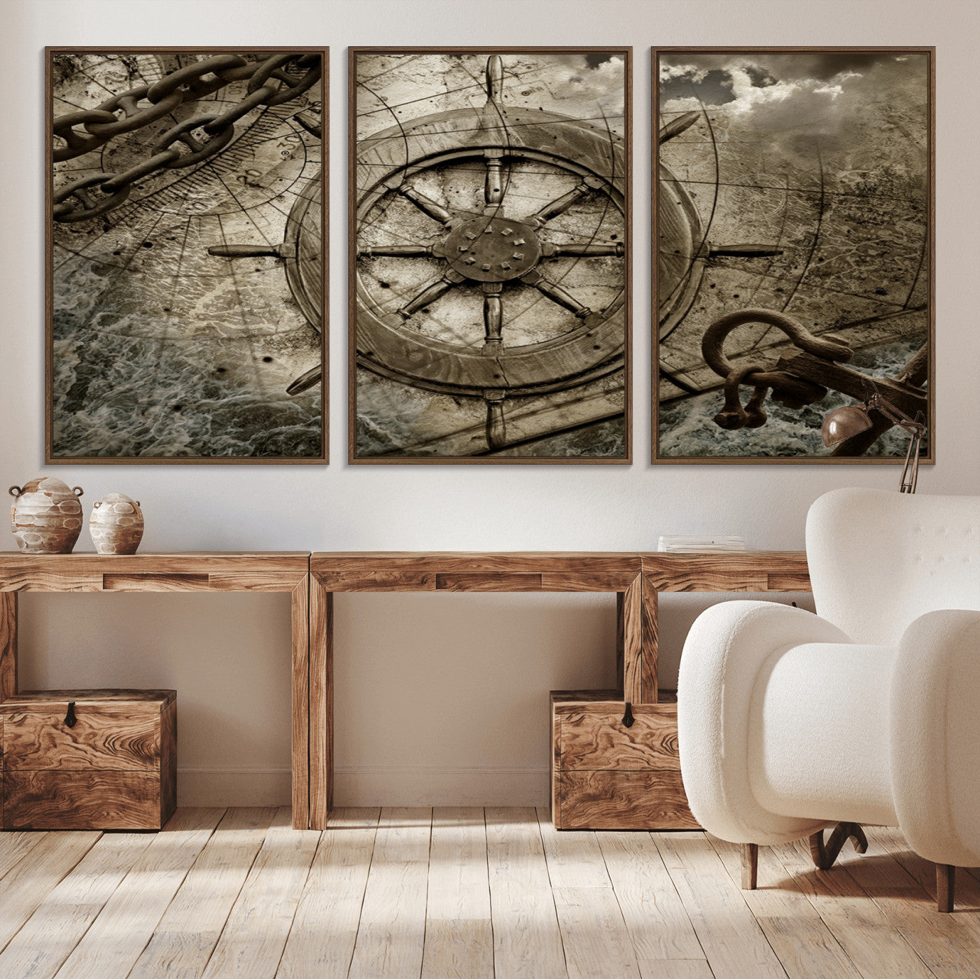 98180-MGV-CV-36X24-Wooden Ship Wheel Canvas Print, Multi Panel Canvas Wall Art Print