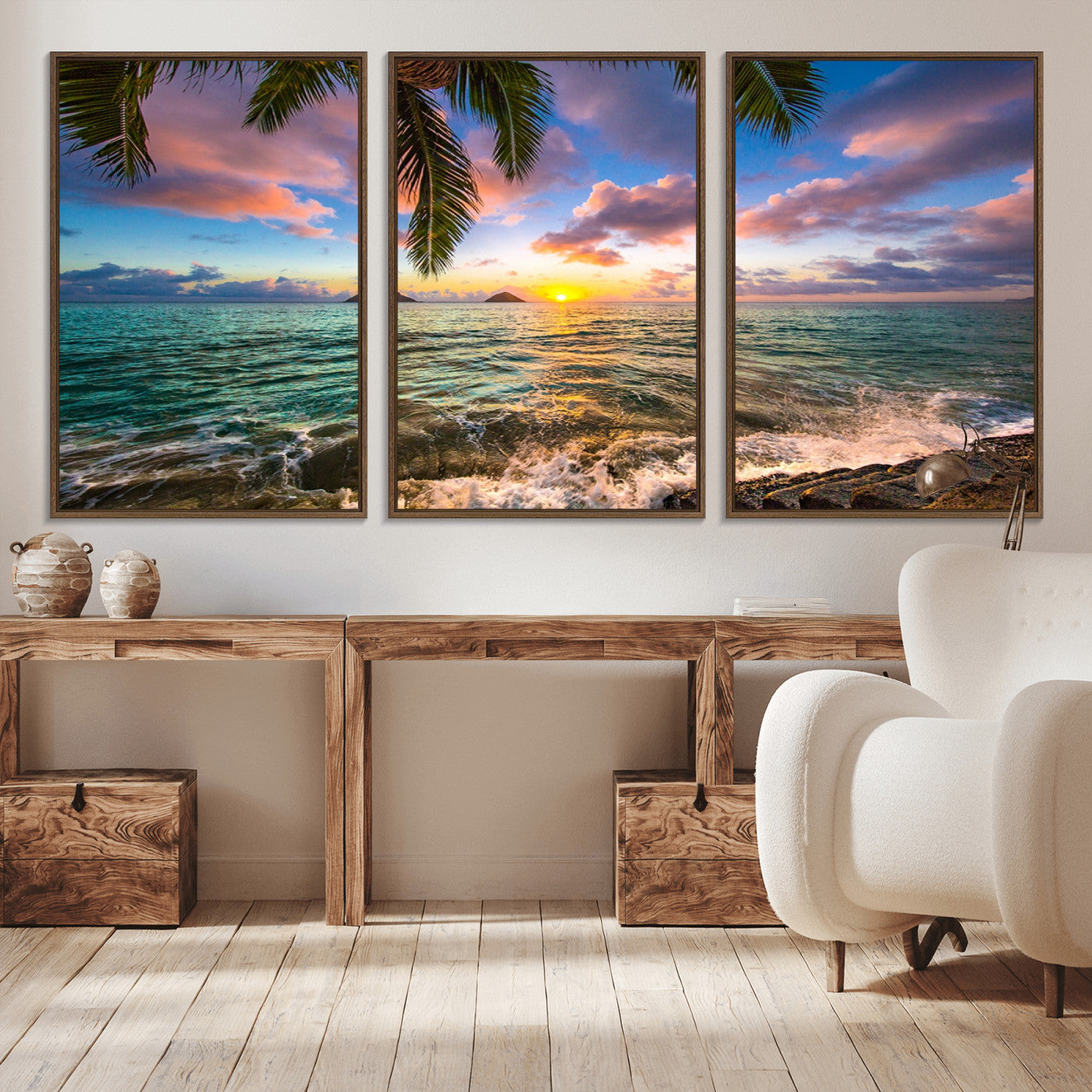 -Framed Tropical Sunset Art Canvas Print