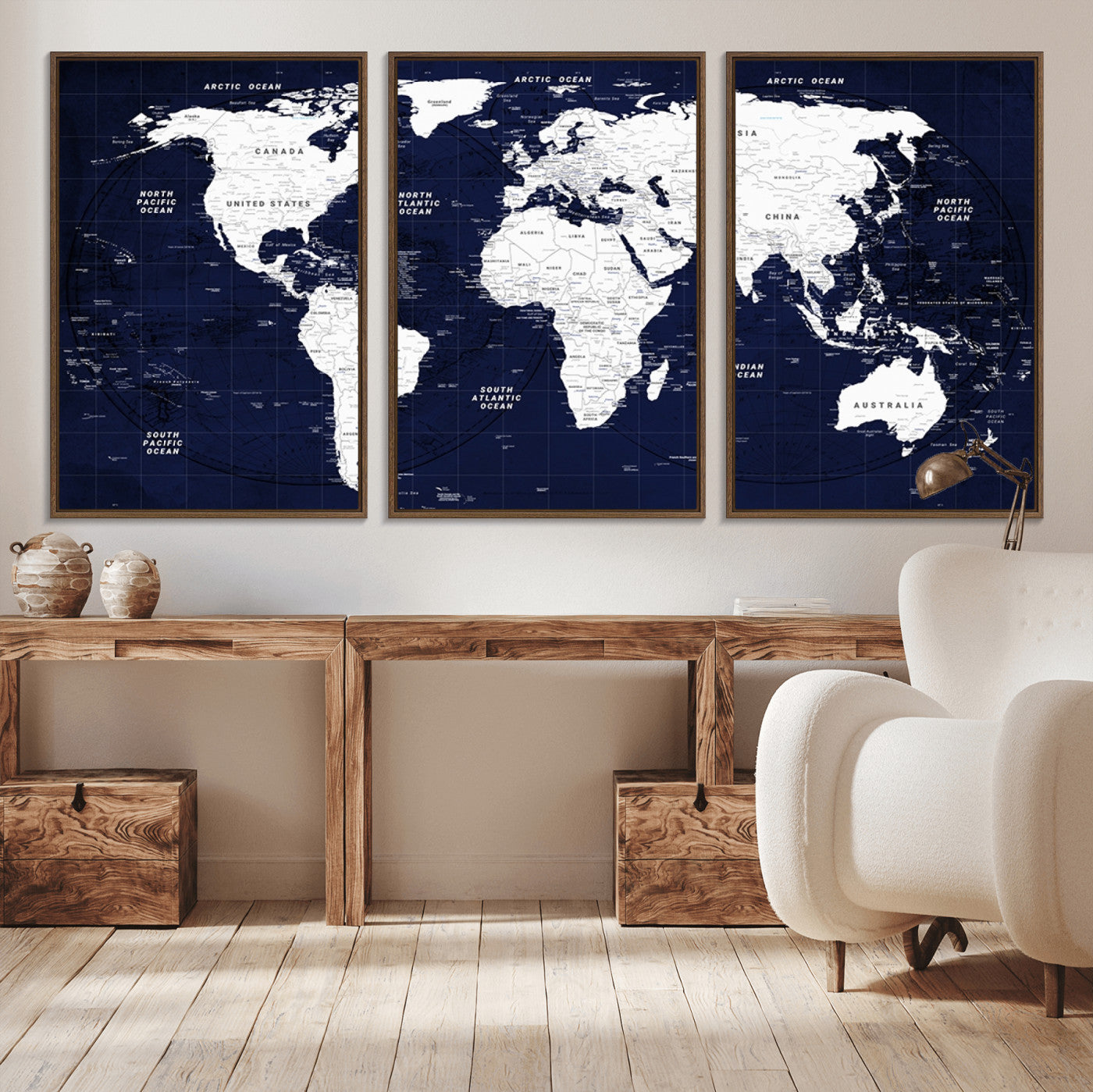 -Navy Blue World Map Canvas Print – Modern Push Pin Travel Map Wall Art, Framed Contemporary Decor for Home or Office