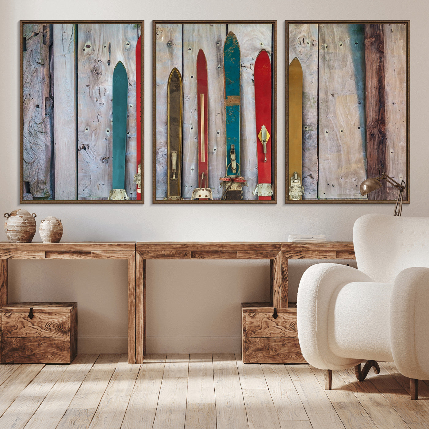 -Vintage Wooden Weathered Ski's in Front of an Old Barn Wall Art Canvas Print for Farmhouse, Cabin
