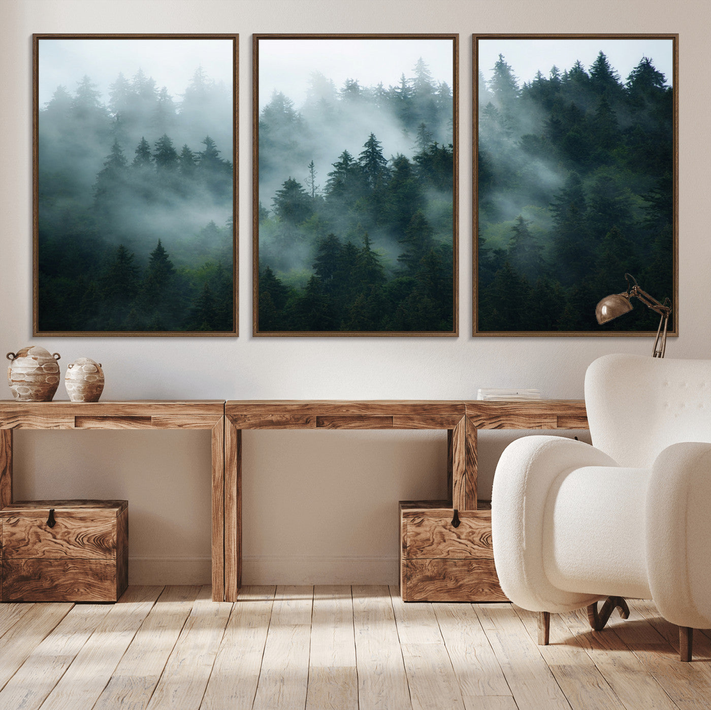-Misty Forest Wall Art – Serene Green Landscape Canvas Print, Nature-Inspired Woodland Decor for Living Room or Office
