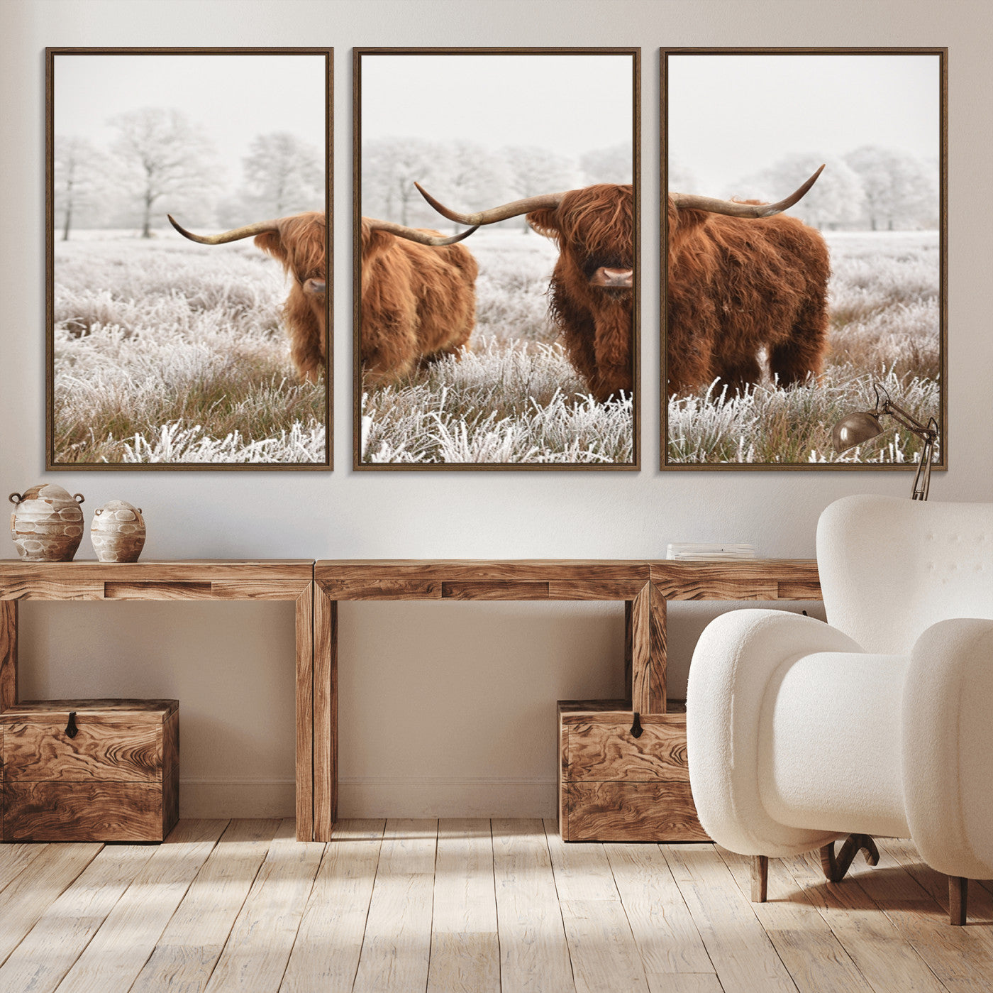 -Longhorn Cattle Wall Art Canvas Print, Framed Farmhouse Style Art Picture Print, Rustic Cow Perfect Rustic Farmhouse Decor Artwork