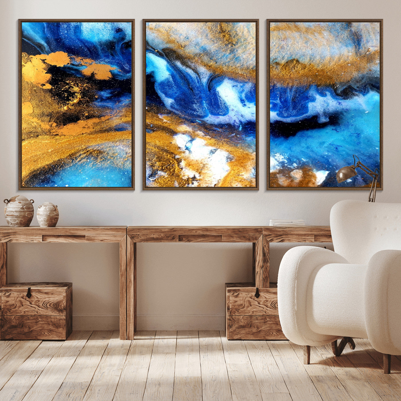 42100-MGV-CV-36X24-Blue Orange Marble Fluid Effect Canvas Wall Art Print