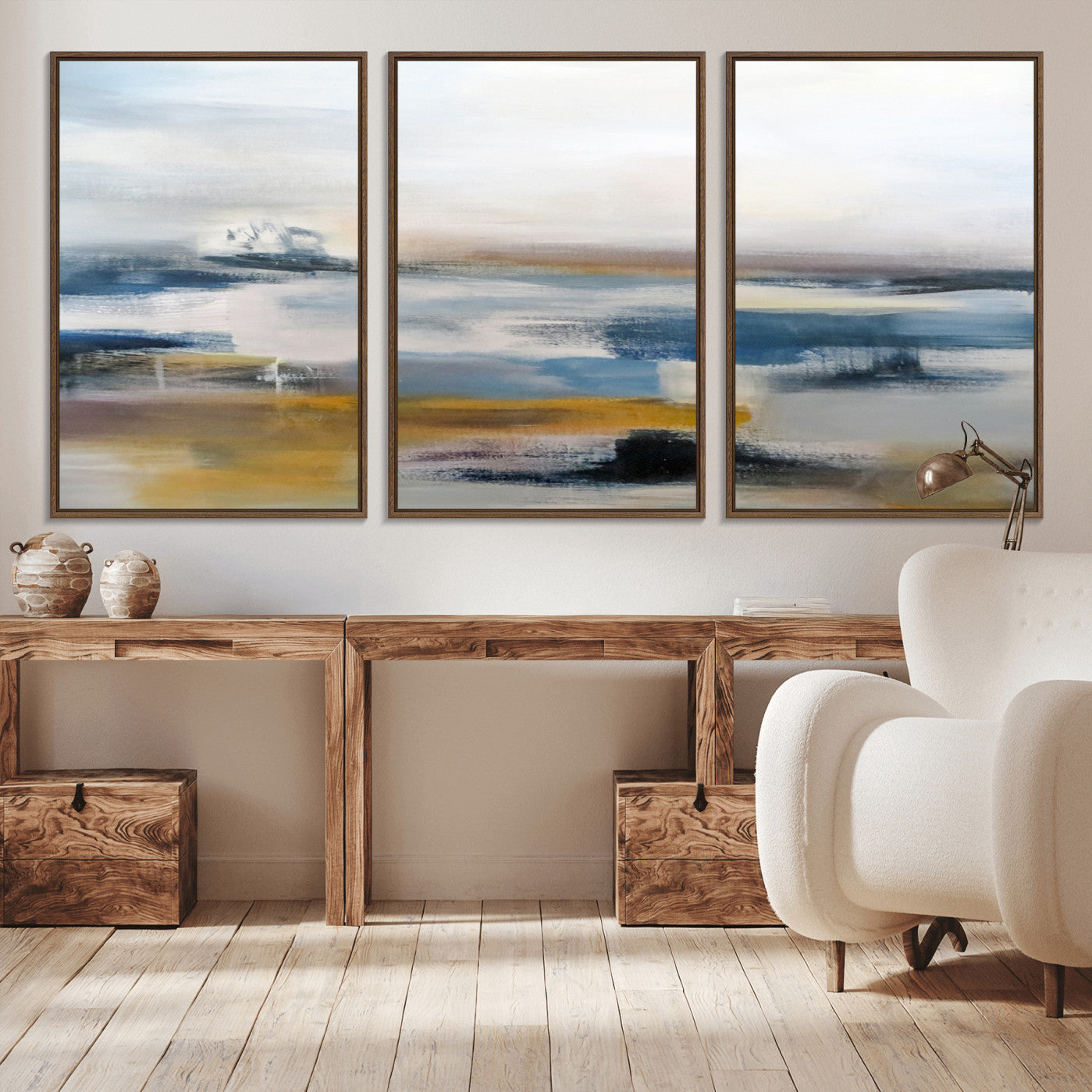 -Abstract Landscape Wall Art Canvas | 3 Panel Modern Blue, Gold, and White Canvas Art for Living