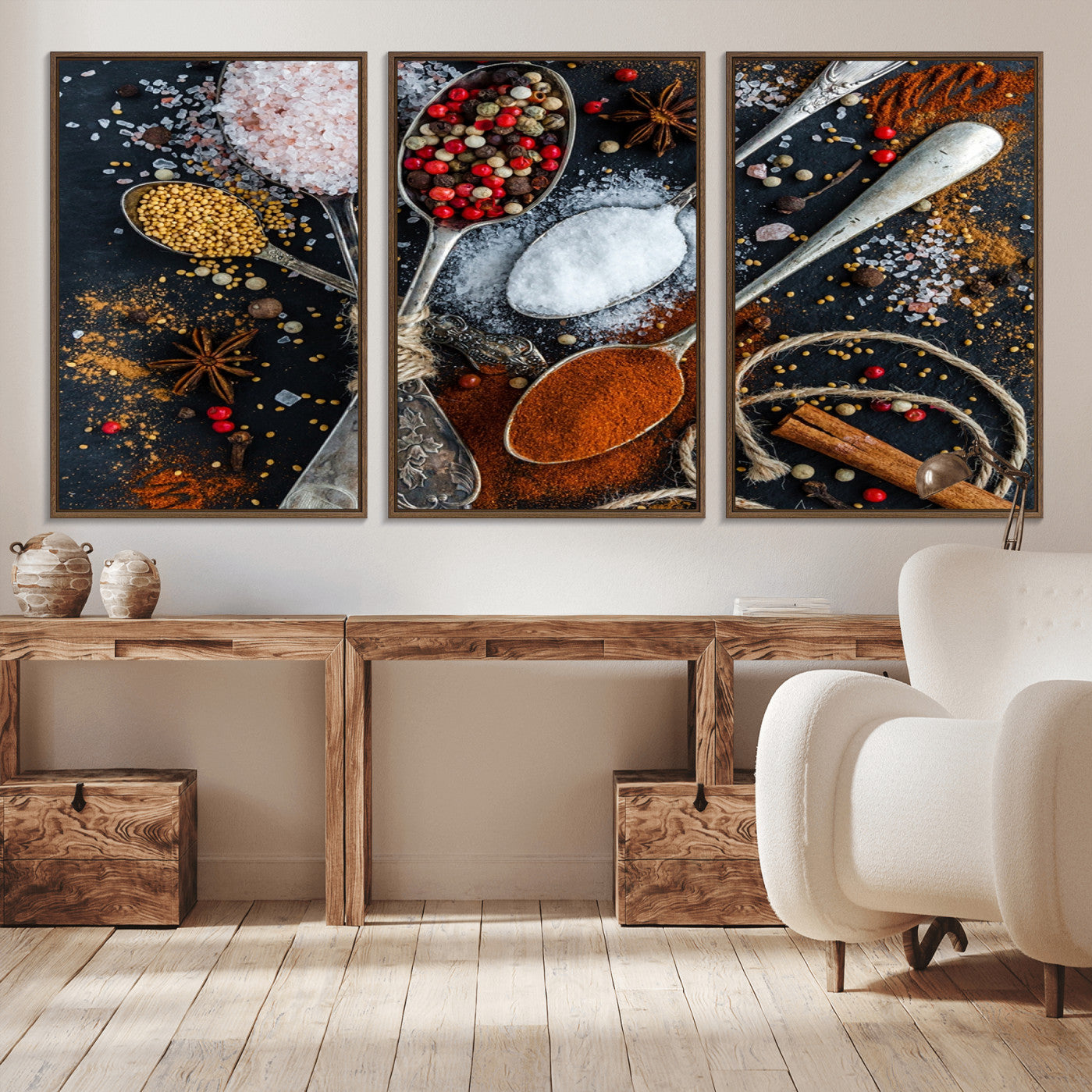 -Spices and Seasonings Canvas Wall Art – Colorful Triptych Kitchen Decor – Culinary Art for Dining