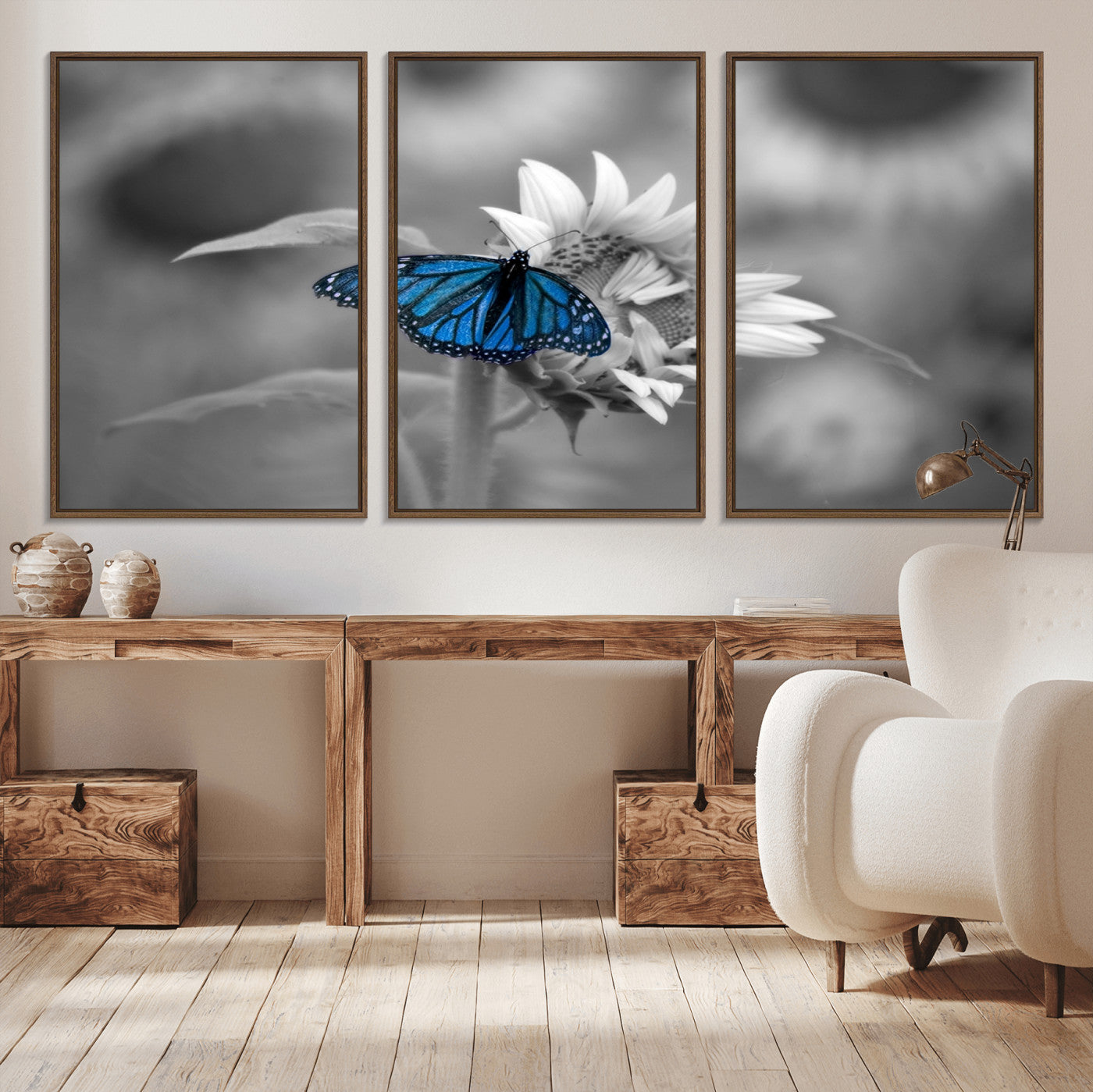 -Blue Butterfly Black and White Canvas Wall Art