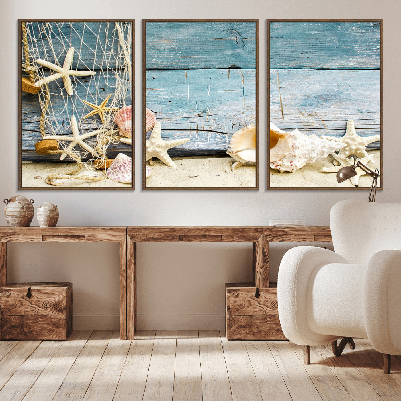 -Seashells on Rustic Wooden Background, Seashells Wall Art Canvas Print