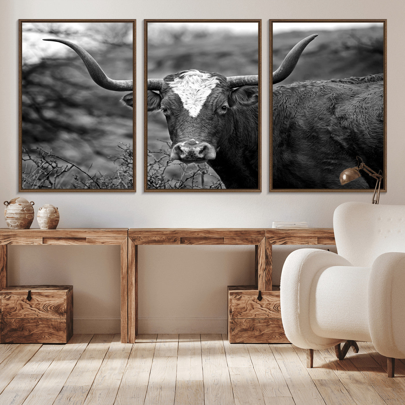 -Western Home Wall Art Canvas Print, Framed Texas Longhorn Art Picture Print, Rustic Cow Perfect Rustic Farmhouse Decor Artwork